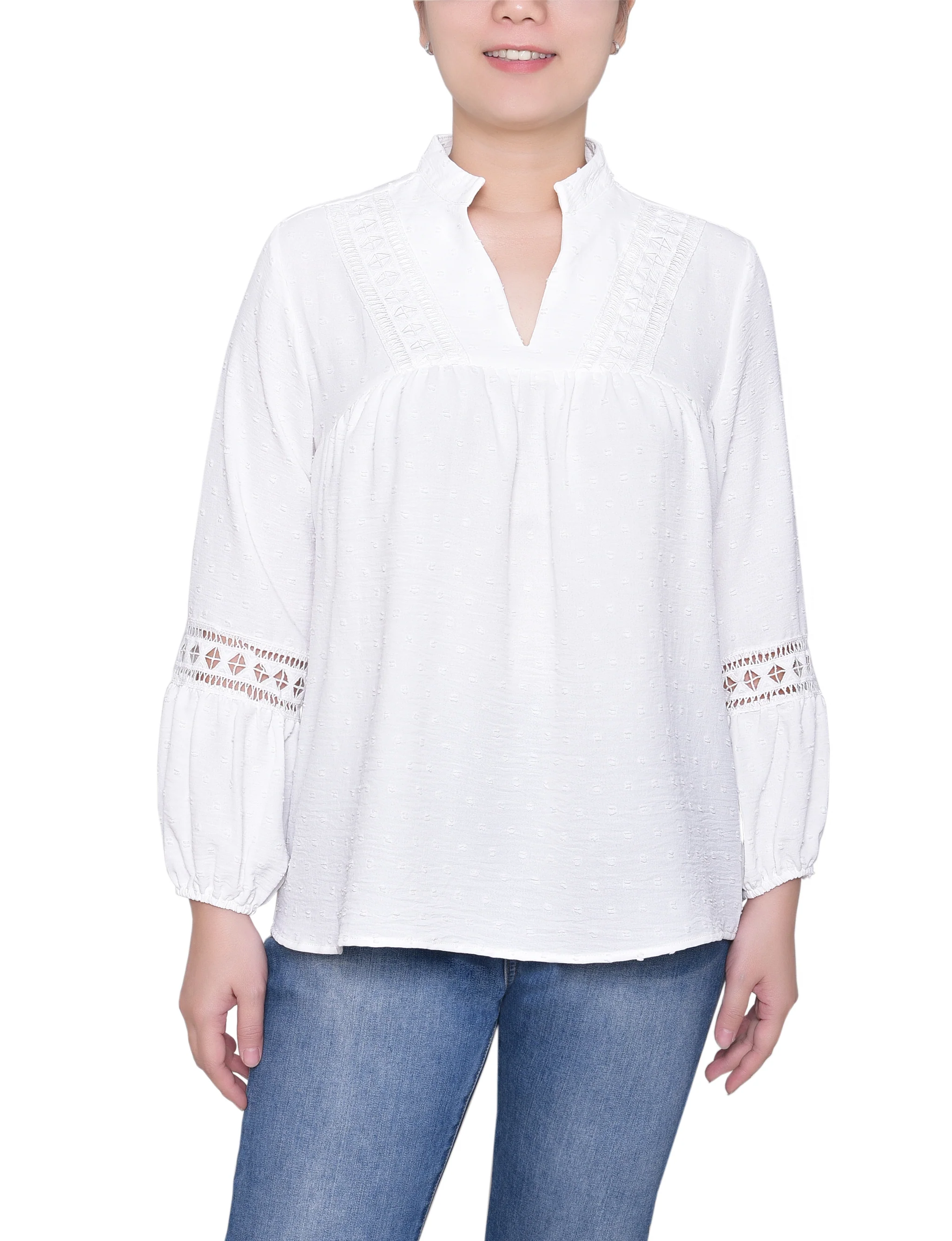 NY Collection Long Sleeve Blouse With Crochet Trim - Image 5