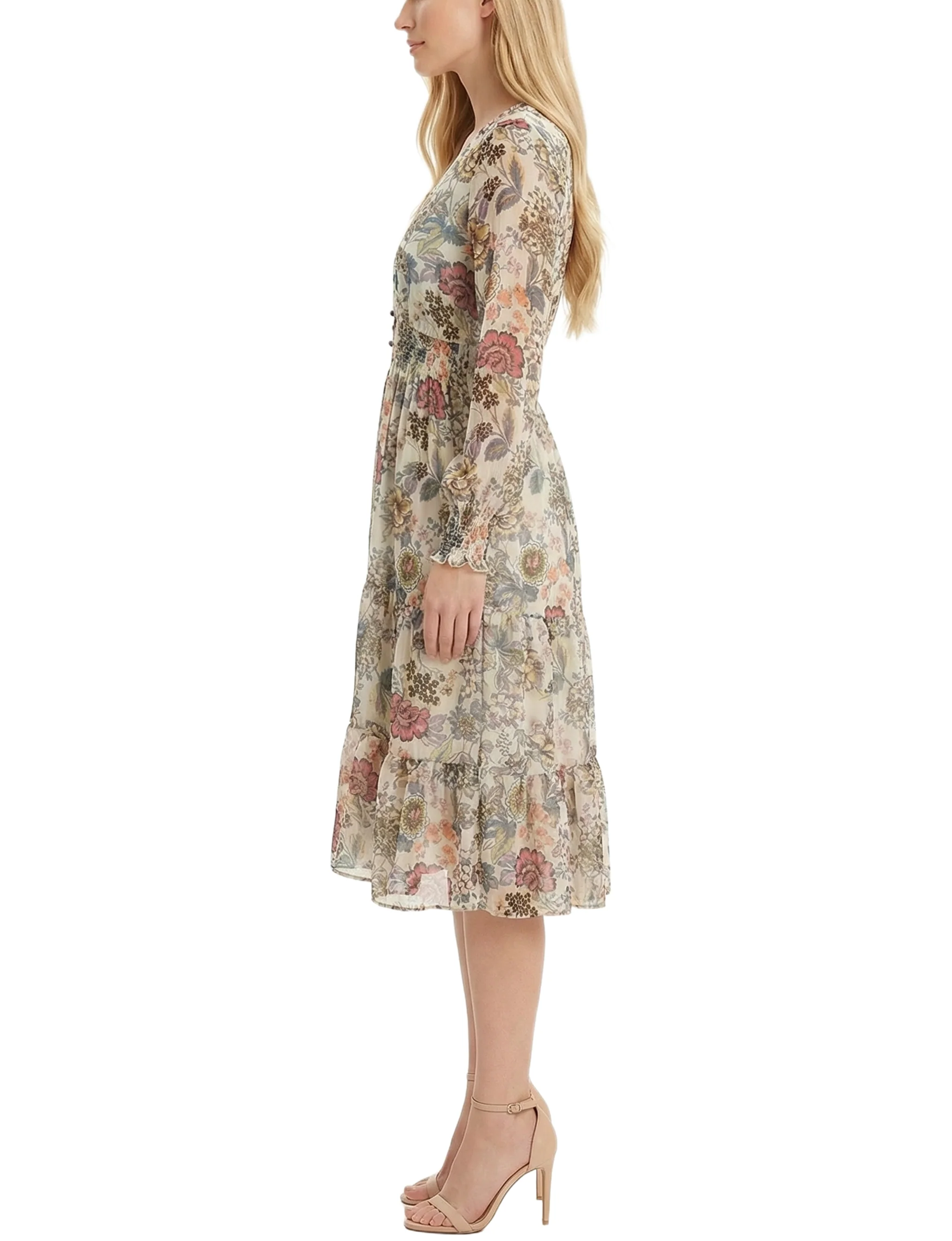 NY Collection Long Sleeve Clip Dot Chiffon Dress With Smocked Waist and Cuffs - Image 3
