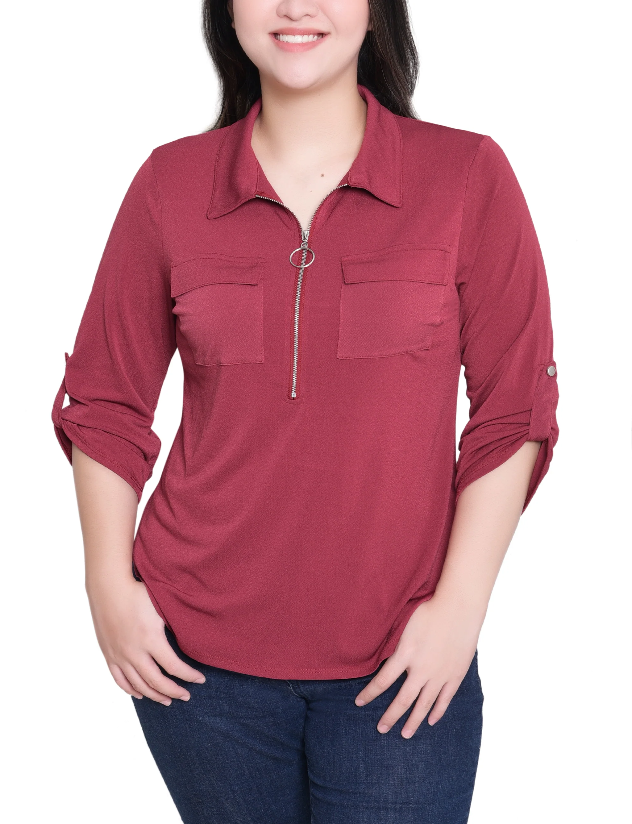 NY Collection Missy 3/4 Roll Tab Zip Front Top - Burgandy