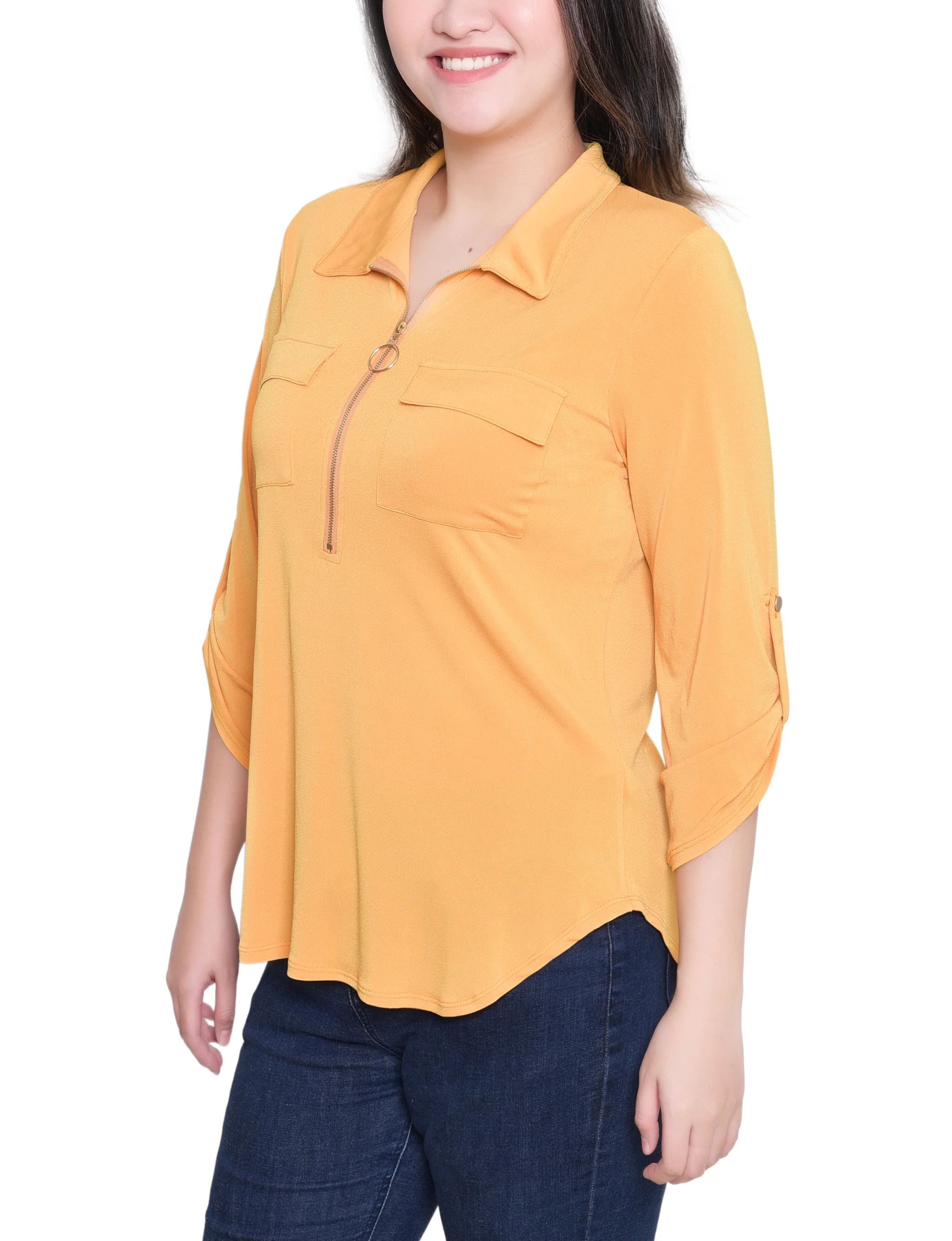 NY Collection Missy 3/4 Roll Tab Zip Front Top - Golden Glow - Image 2