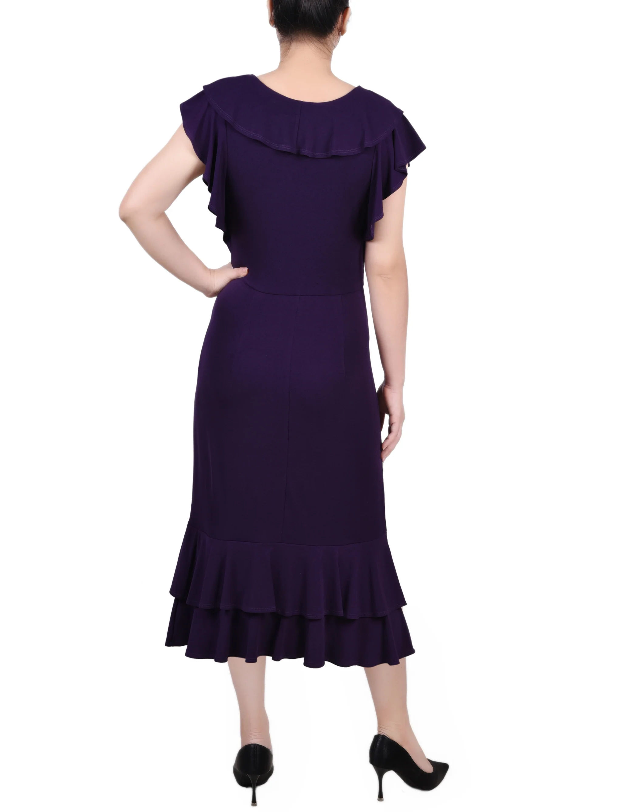 NY Collection Missy Short flutter Sleeve Ruffle Neck Dress - Purple - Image 4