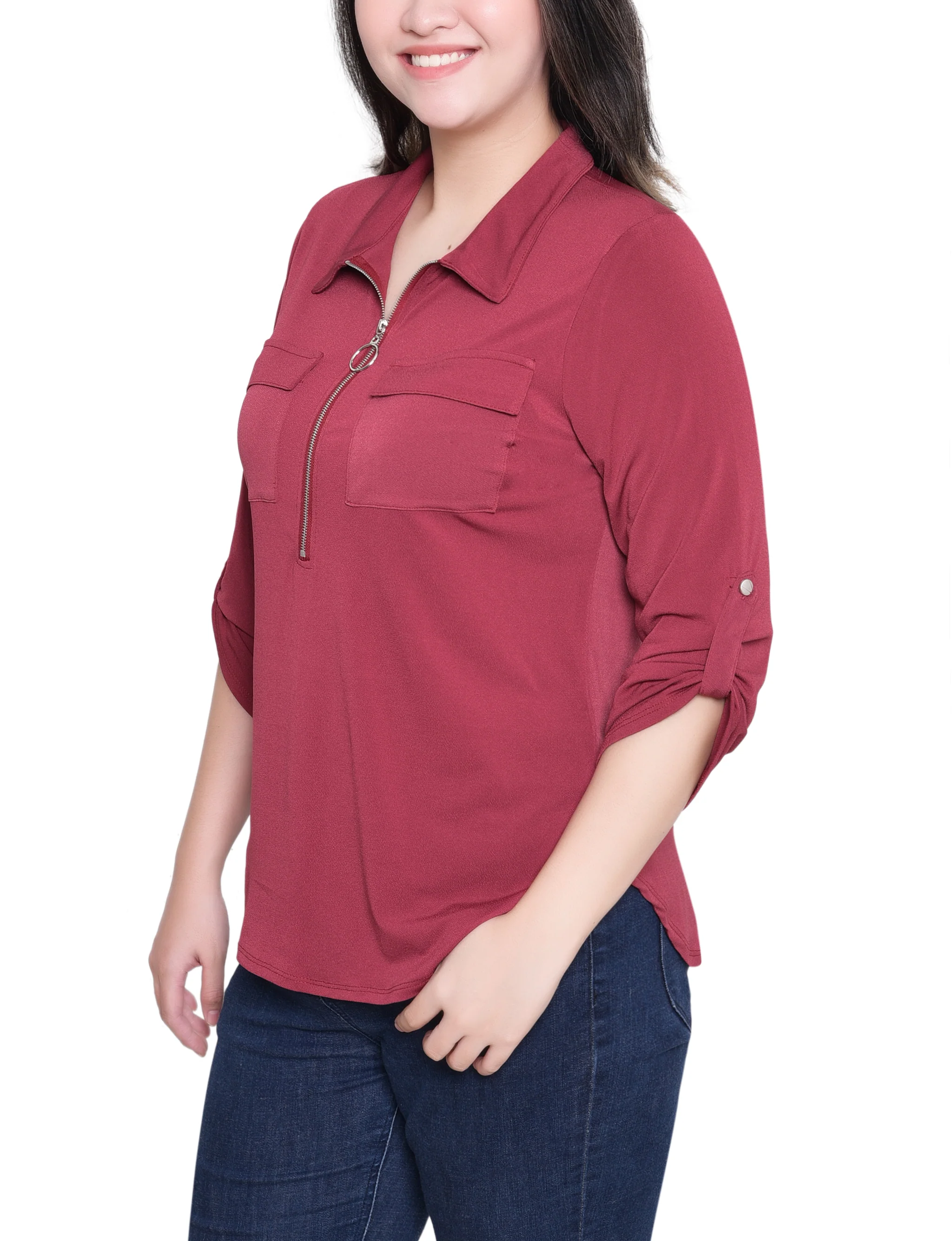 NY Collection Petite 3/4 Roll Tab Zip Front Top - Burgandy - Image 2