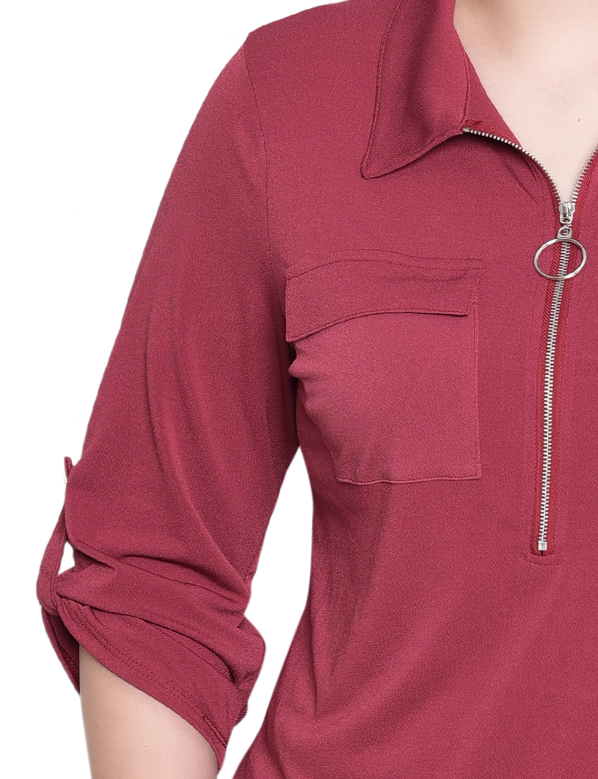 NY Collection Petite 3/4 Roll Tab Zip Front Top - Burgandy - Image 3
