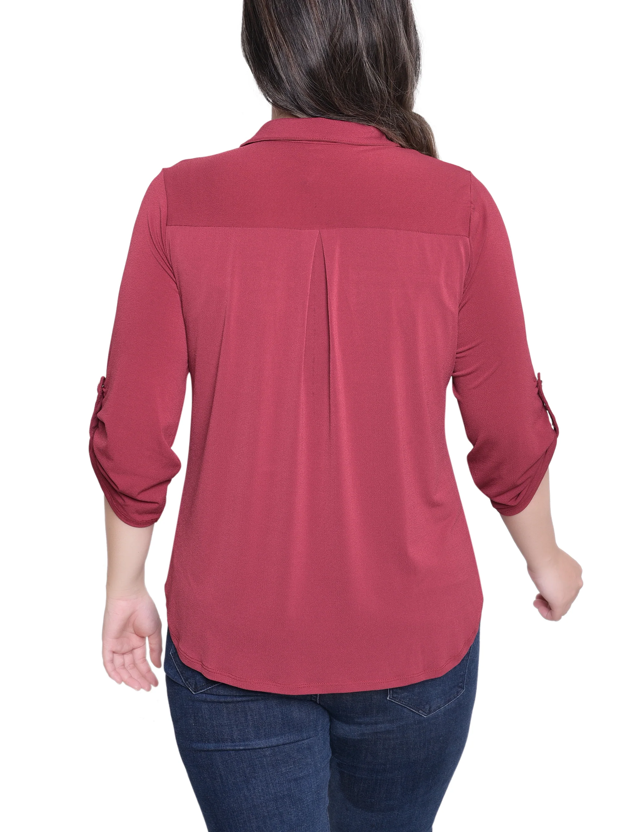 NY Collection Petite 3/4 Roll Tab Zip Front Top - Burgandy - Image 4