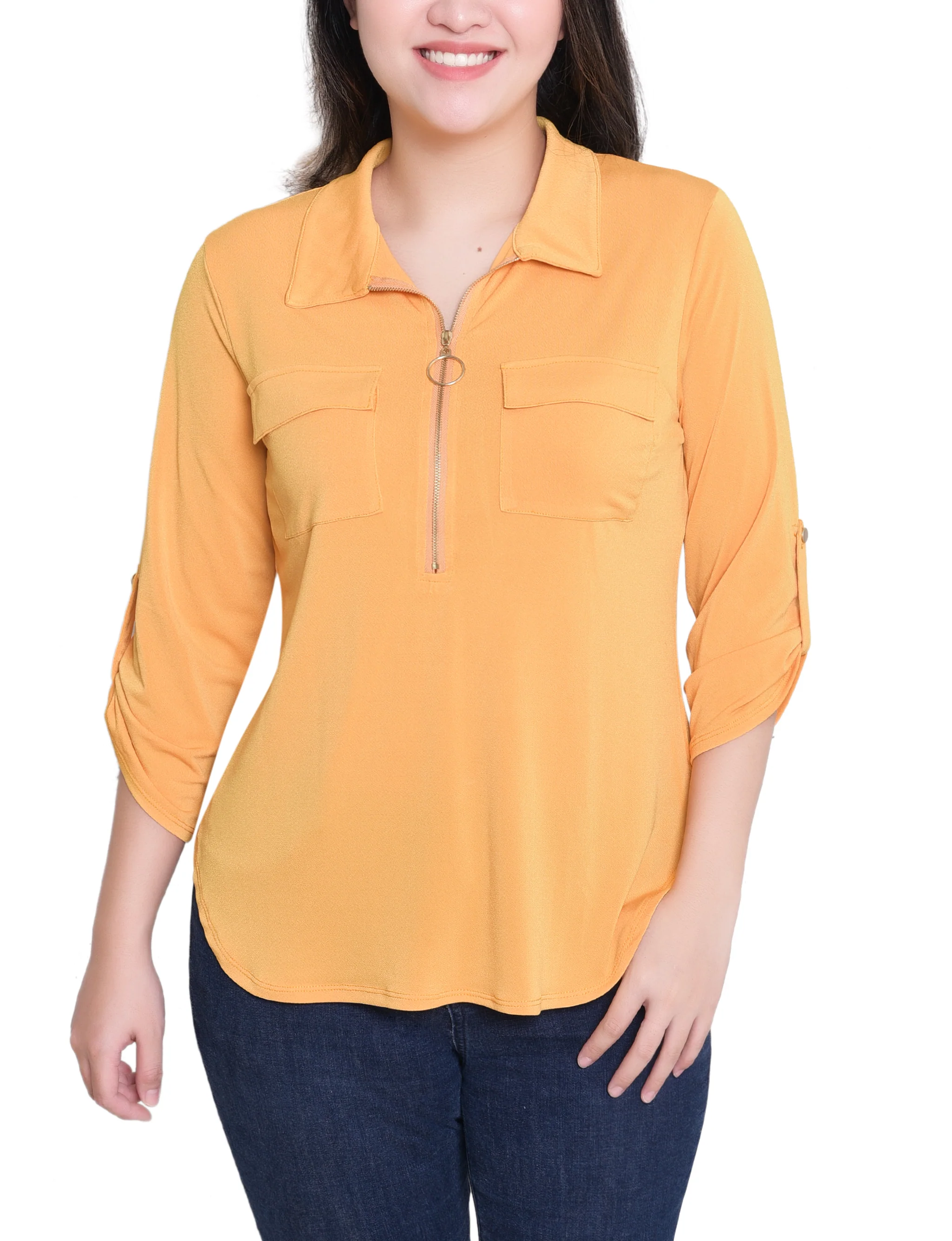 NY Collection Petite 3/4 Roll Tab Zip Front Top - Golden Glow