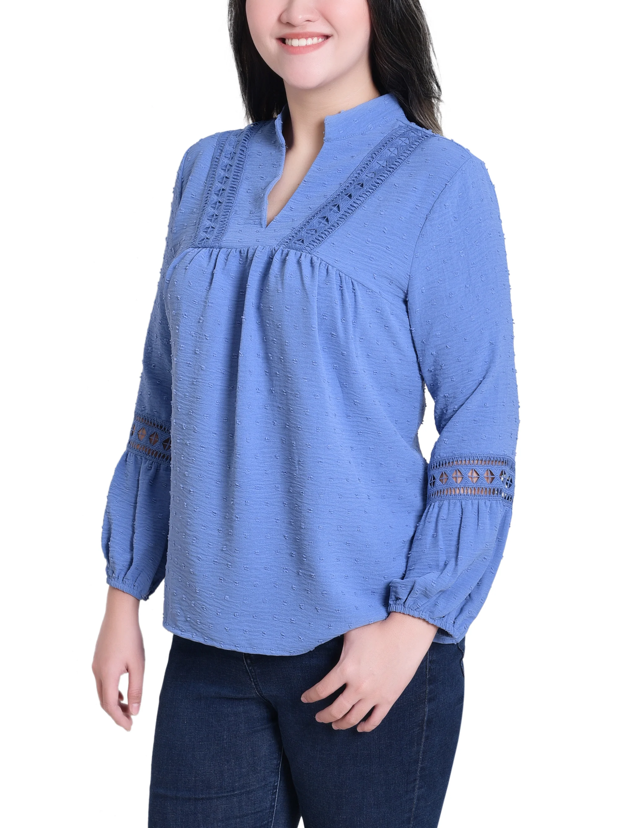 NY Collection Petite Long Sleeve Blouse With Crochet Trim - Image 3