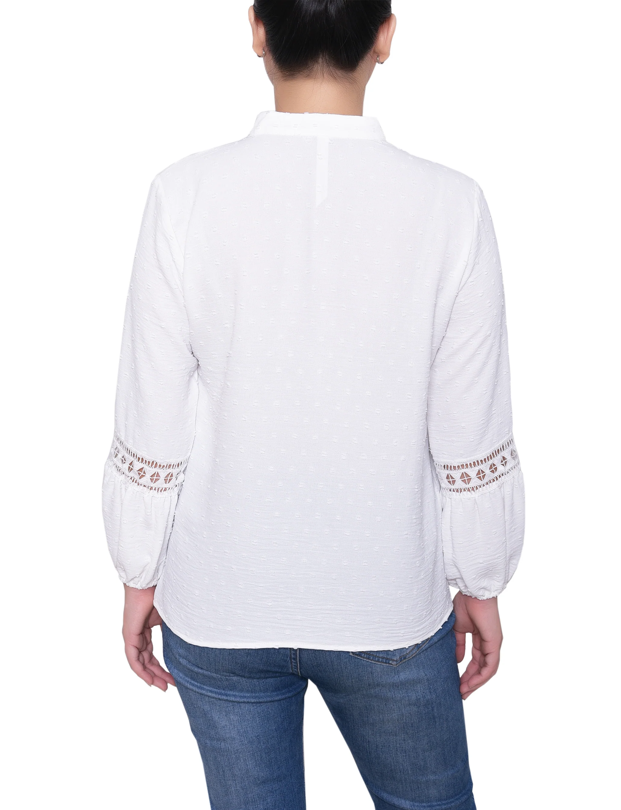 NY Collection Petite Long Sleeve Blouse With Crochet Trim - Image 8