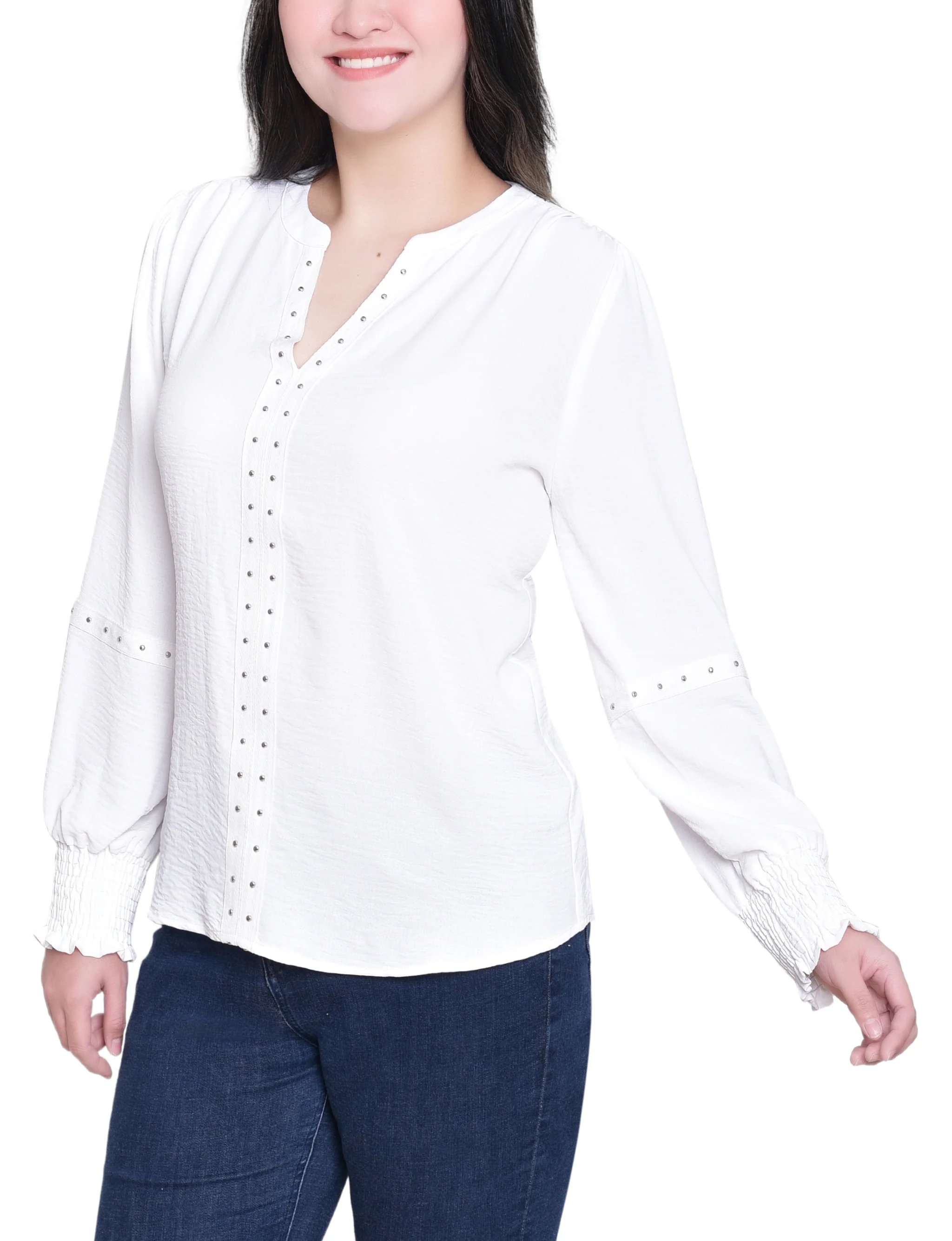 NY Collection Petite Long Sleeve Studded Blouse - Image 7