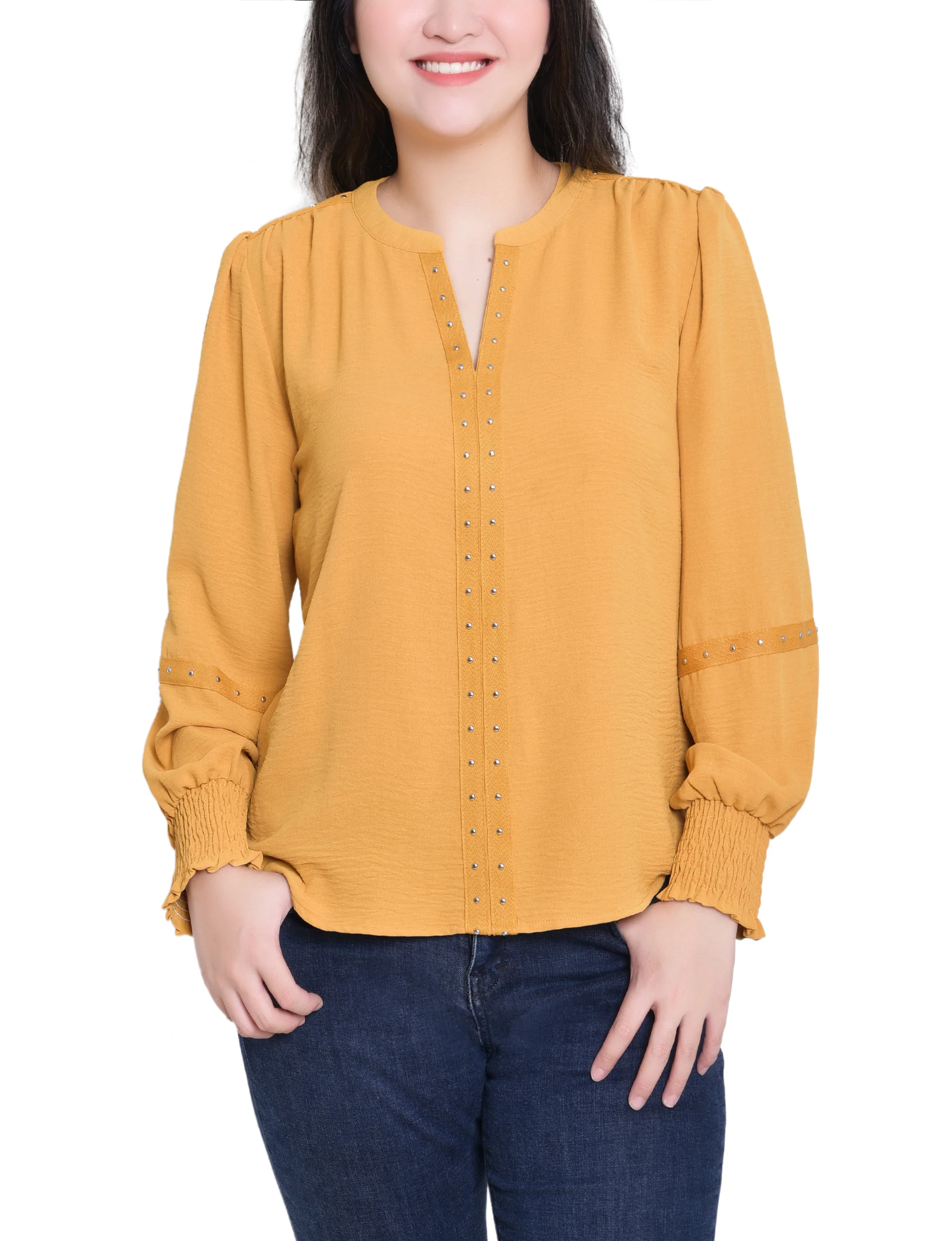 NY Collection Petite Long Sleeve Studded Blouse - Image 9