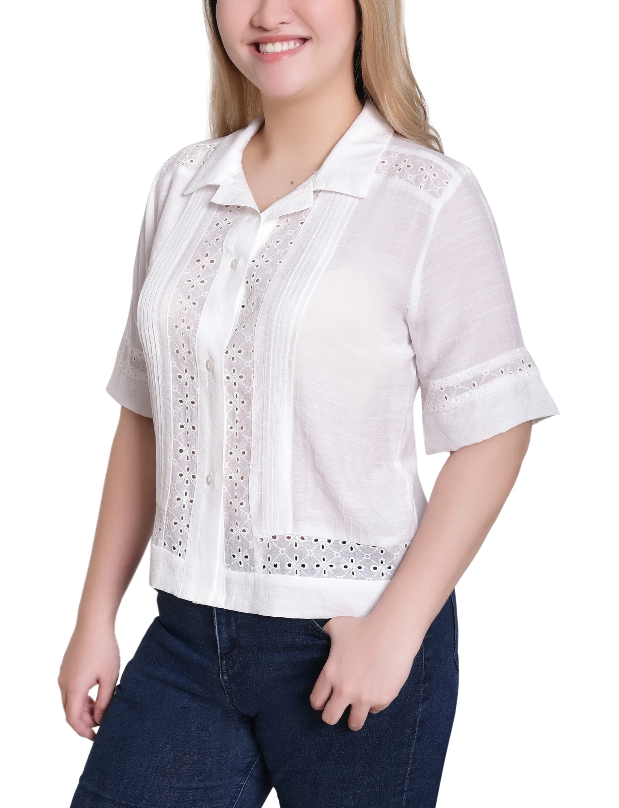 NY Collection Petite Short Sleeve Eyelet-Inset Blouse - Image 3