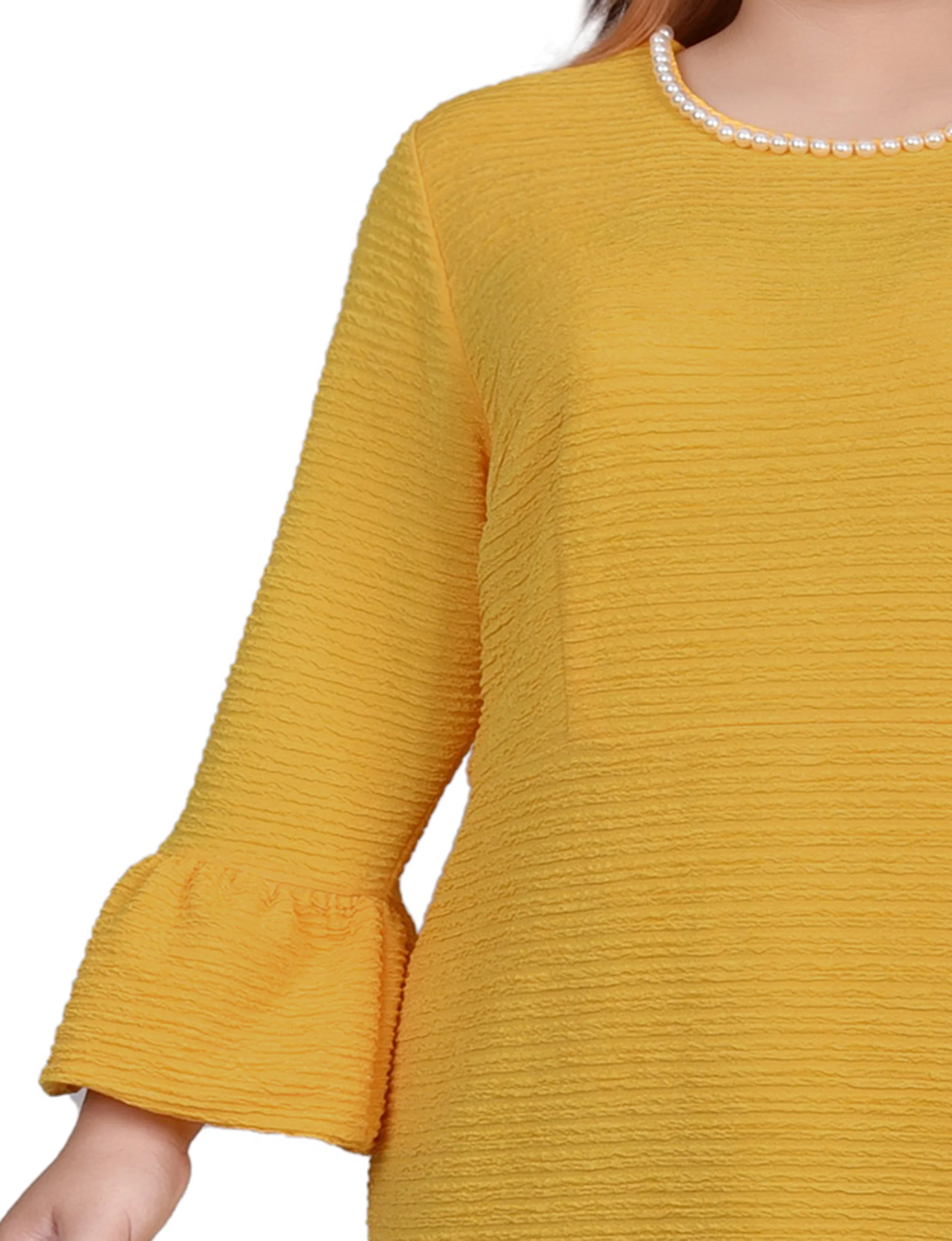 NY Collection Plus Size 3/4 Length Pearl Detail Dress- Mustard - Image 3