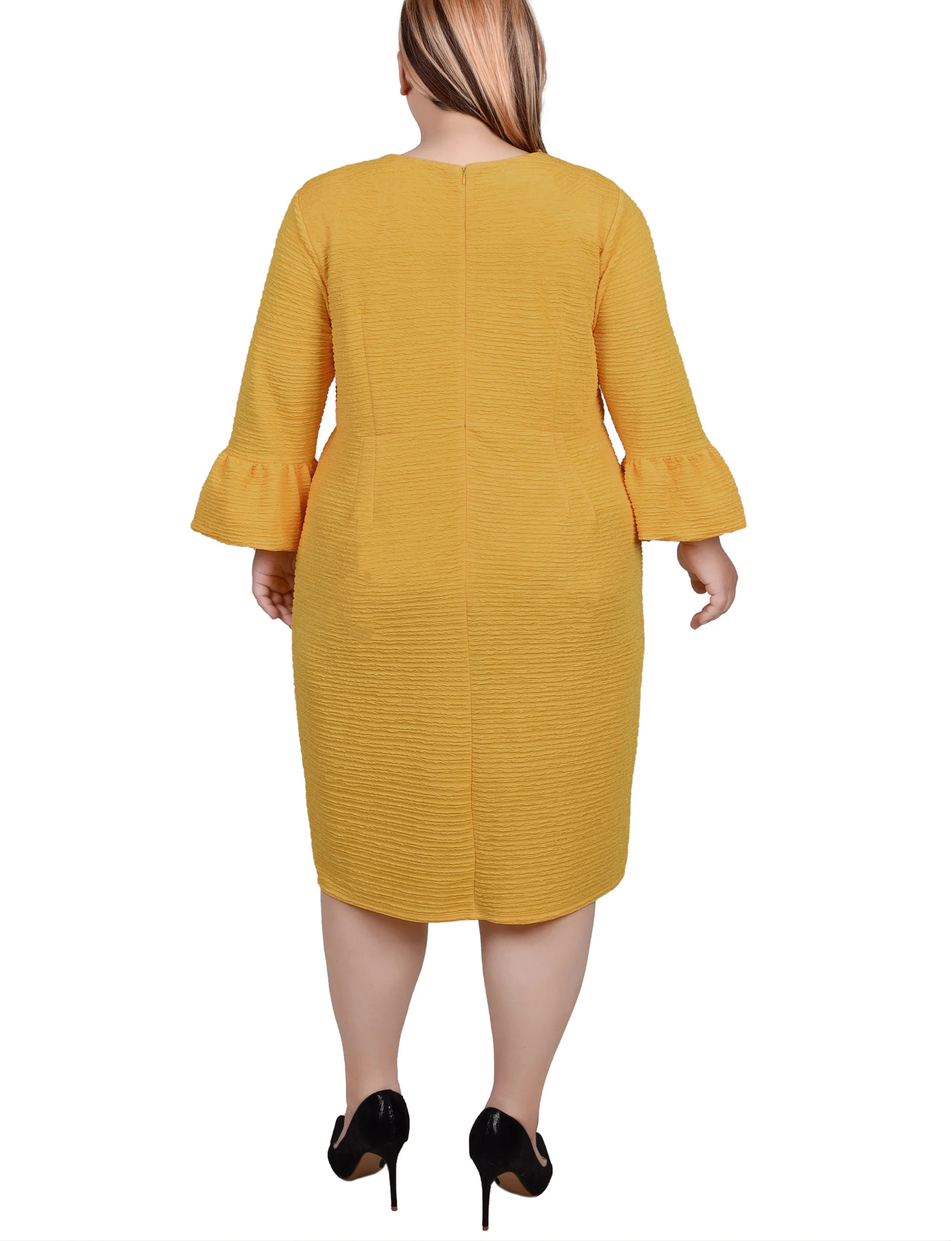 NY Collection Plus Size 3/4 Length Pearl Detail Dress- Mustard - Image 4