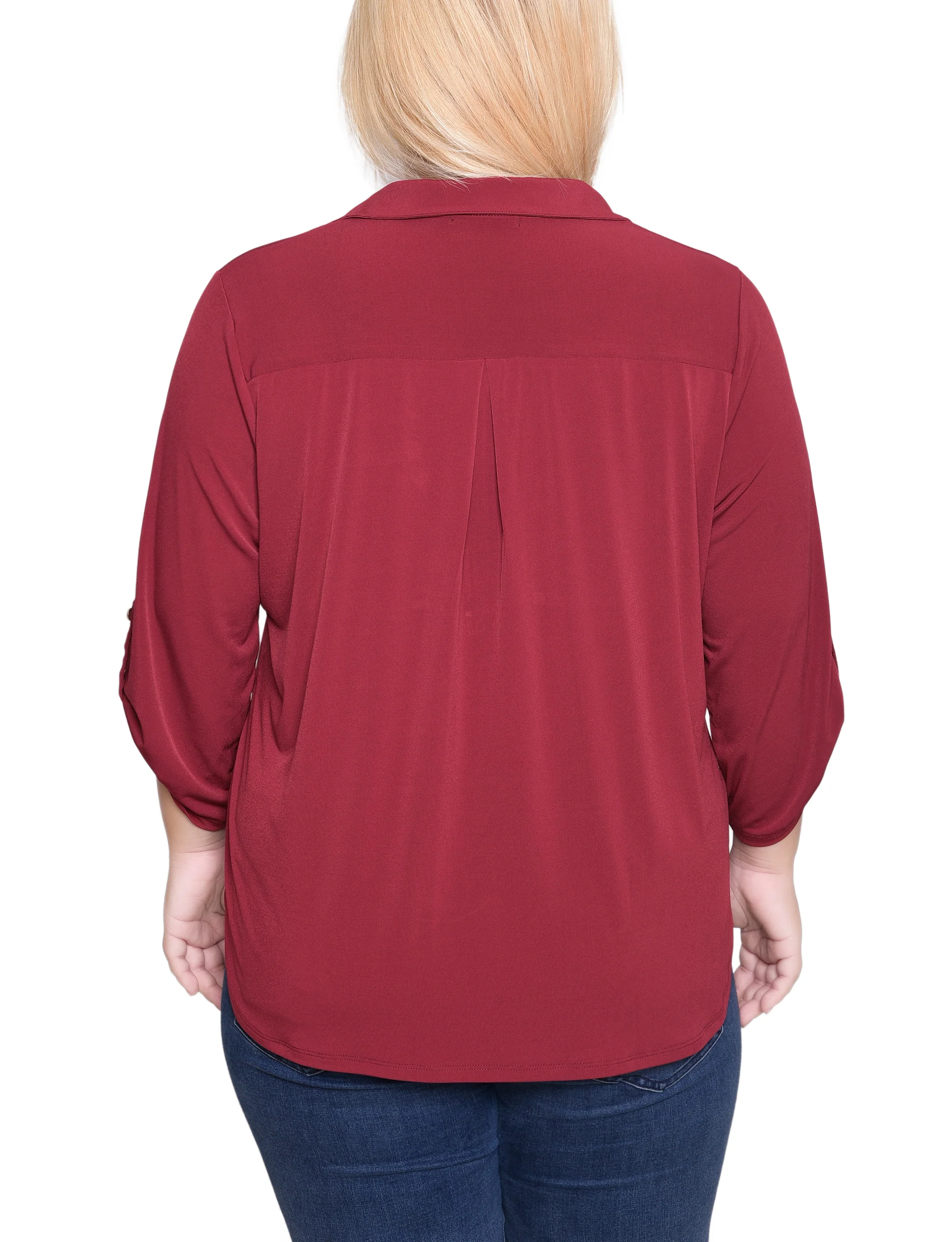 NY Collection Plus Size 3/4 Roll Tab Zip Front Top - Burgandy - Image 4
