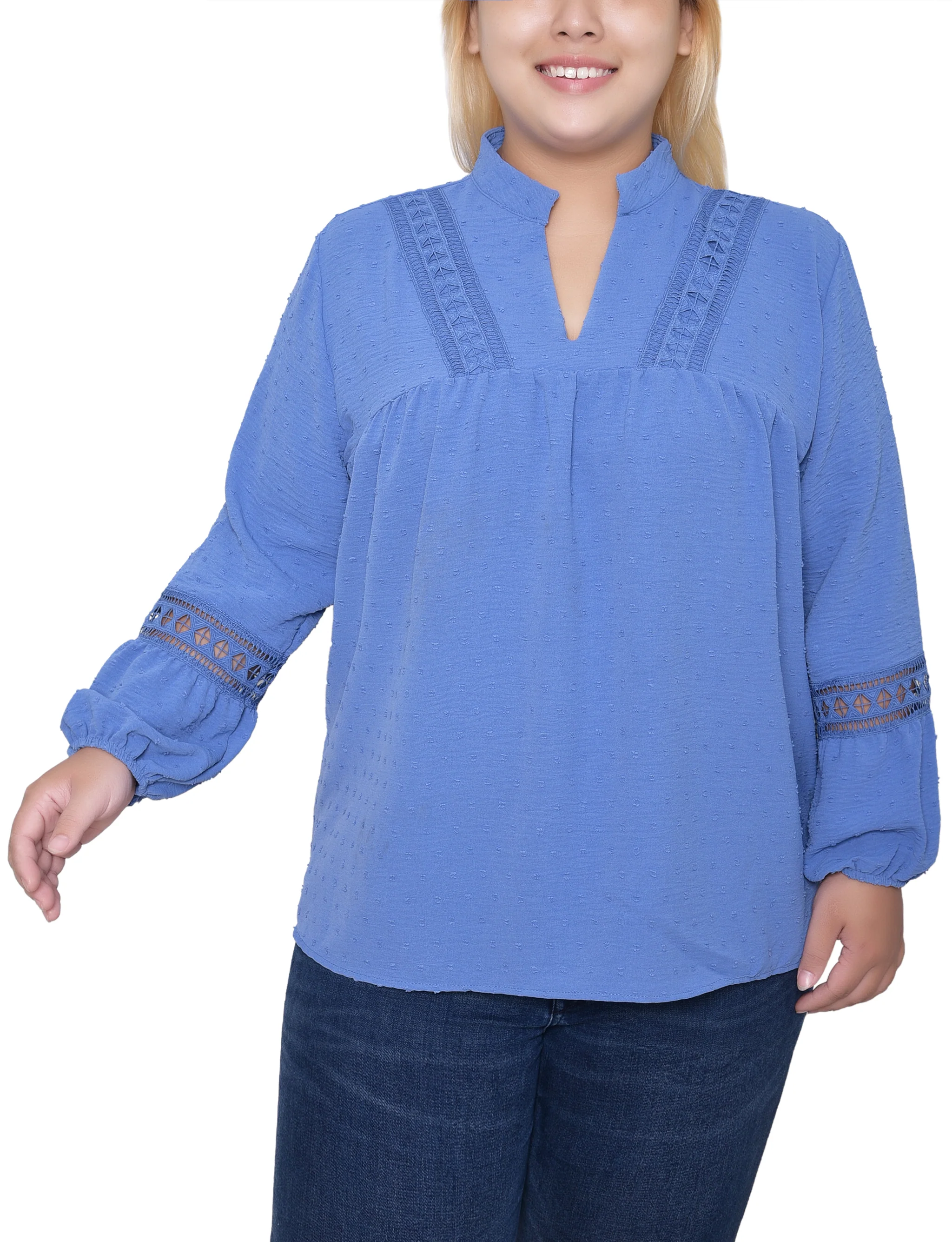 NY Collection Plus Size Long Sleeve Blouse With Crochet Trim