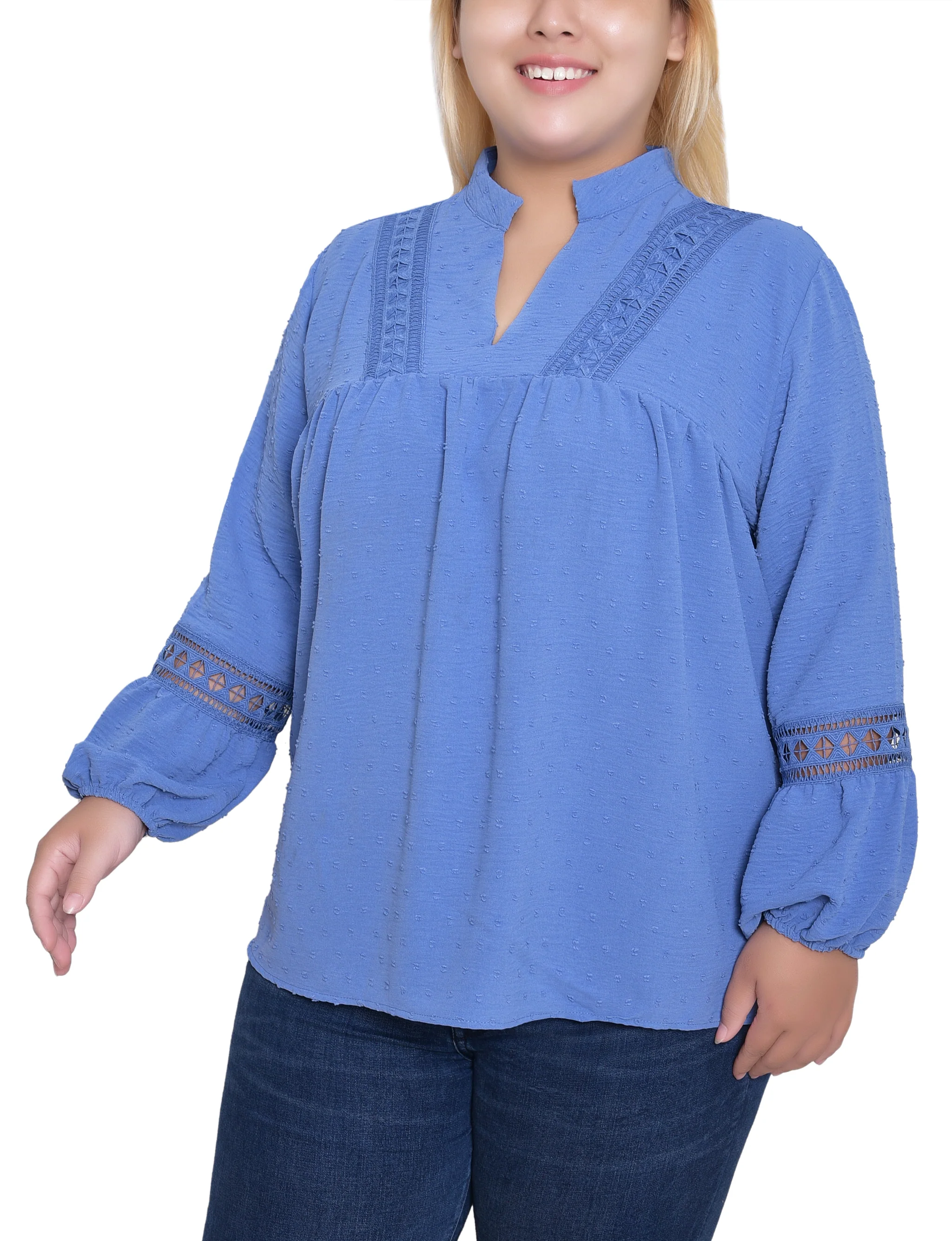 NY Collection Plus Size Long Sleeve Blouse With Crochet Trim - Image 3