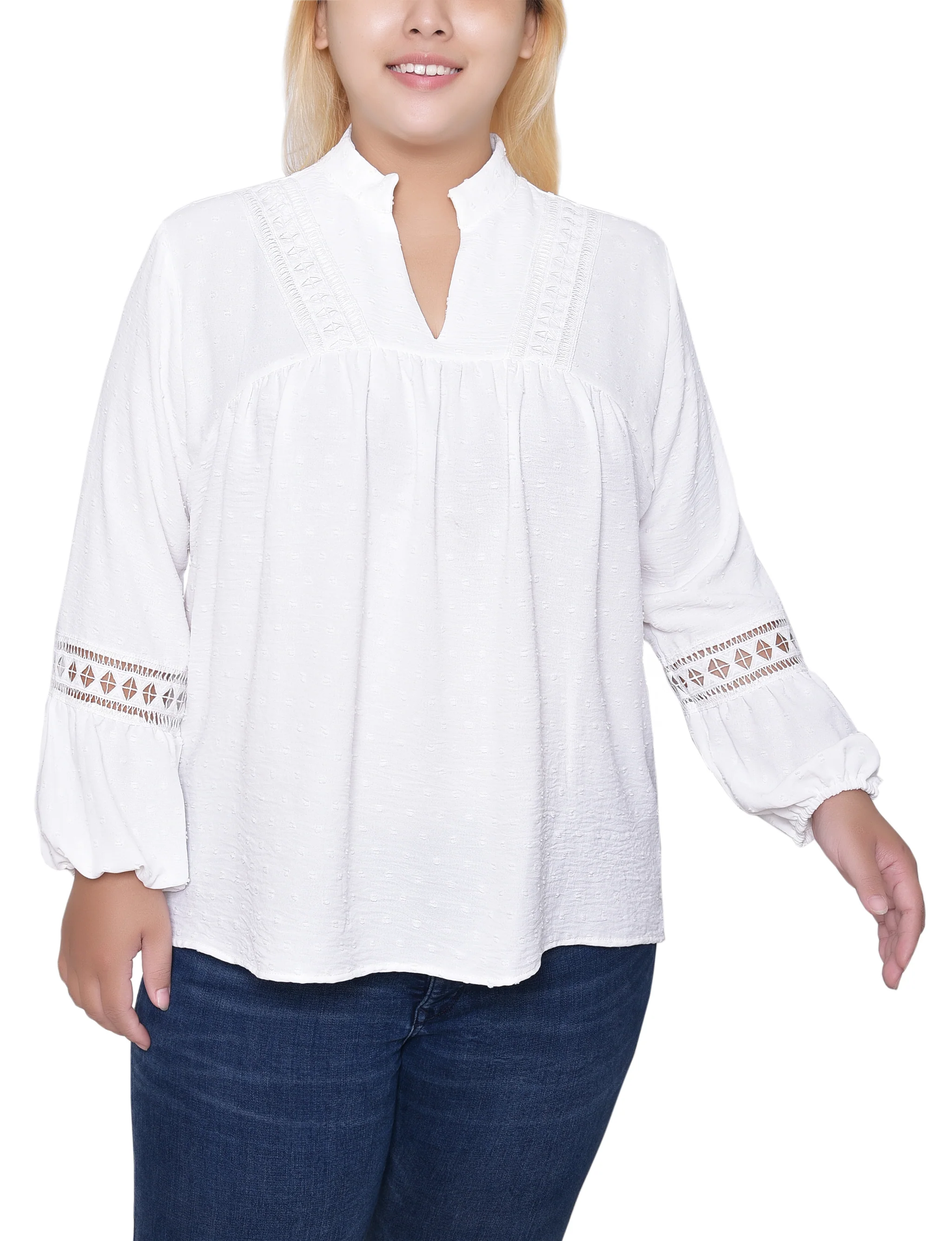 NY Collection Plus Size Long Sleeve Blouse With Crochet Trim - Image 5