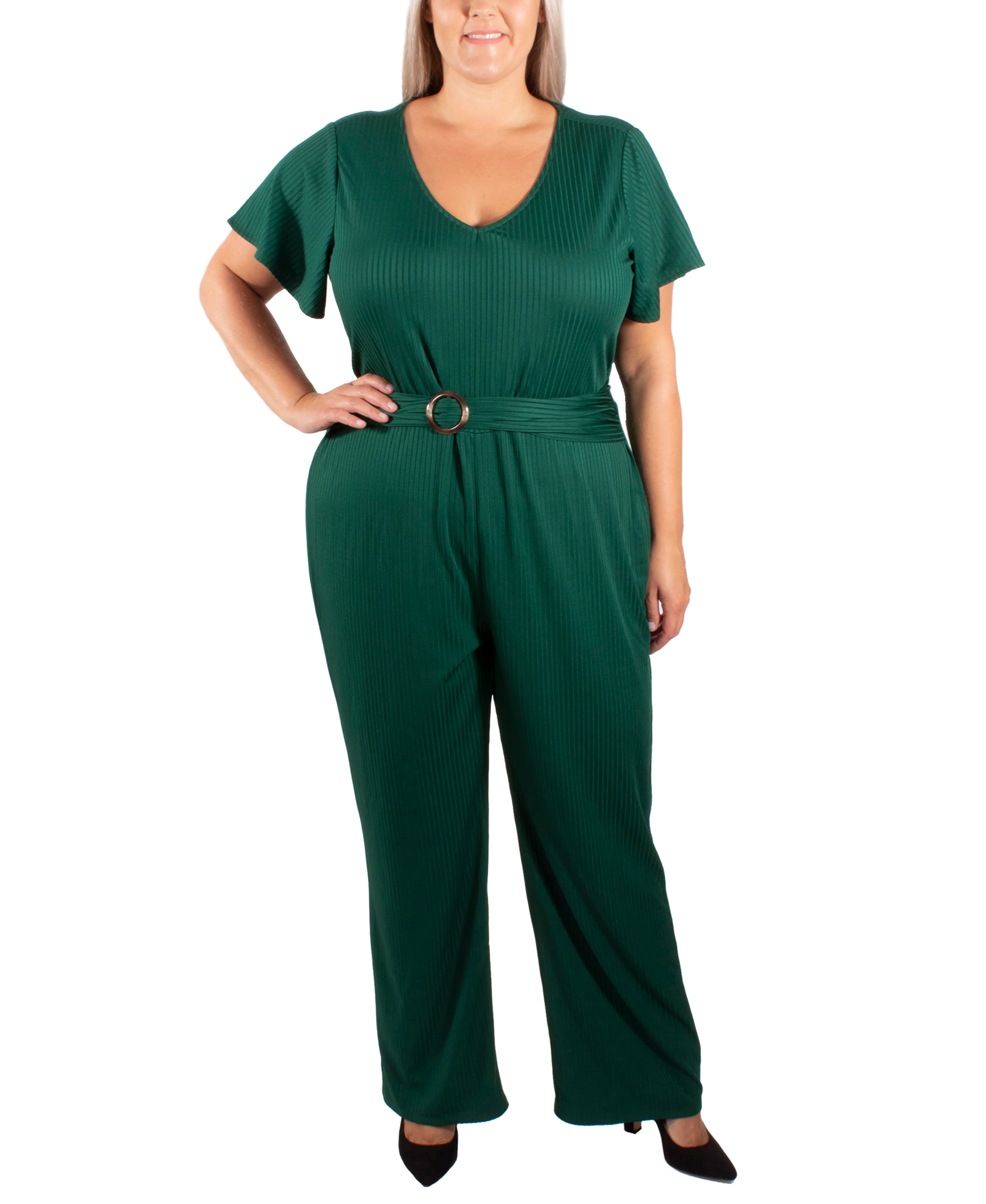 NY Collection Plus Size Short Sleeve Textured Knit Jumpsuit