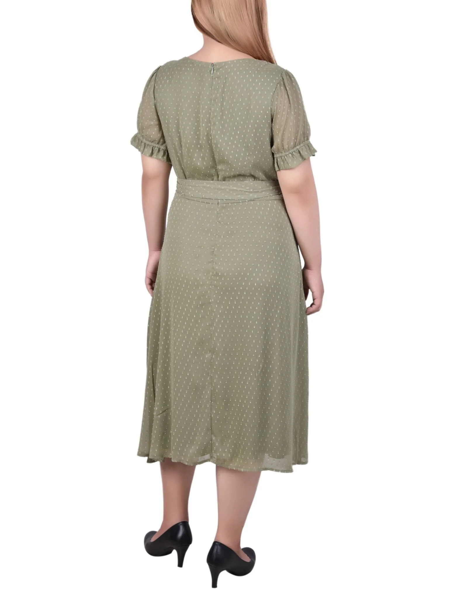 Oil Green Rectangle Short Sleeve Belted Swiss Dot Dress - Plus - Image 3
