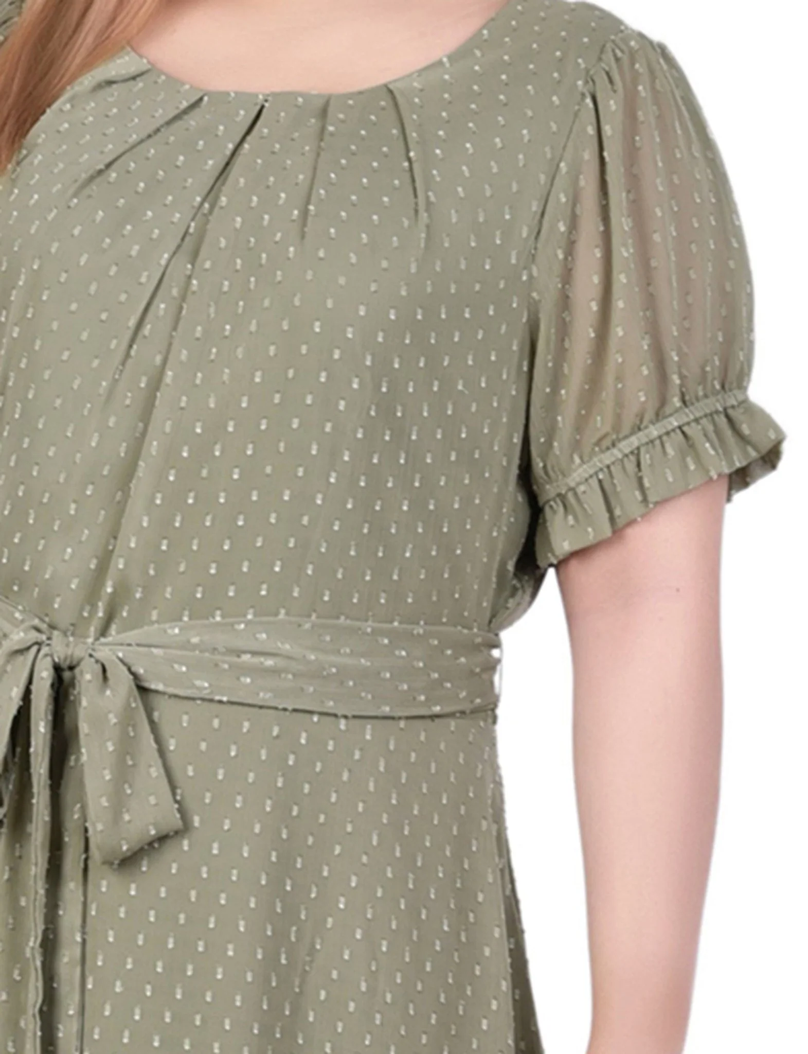 Oil Green Rectangle Short Sleeve Belted Swiss Dot Dress - Plus - Image 4