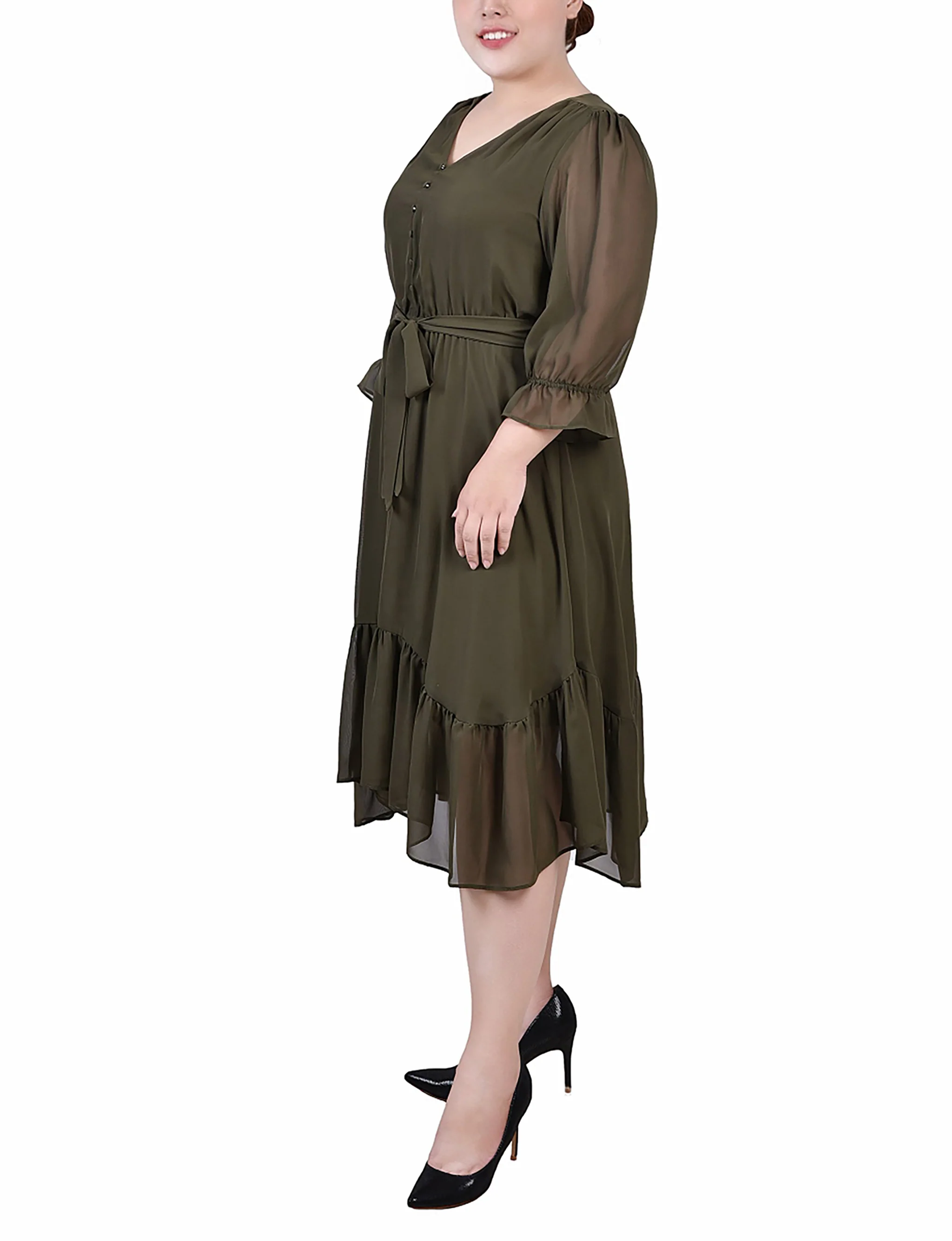 Olive 3/4 Sleeve V-Neck Flounced Dress - Plus - Image 2