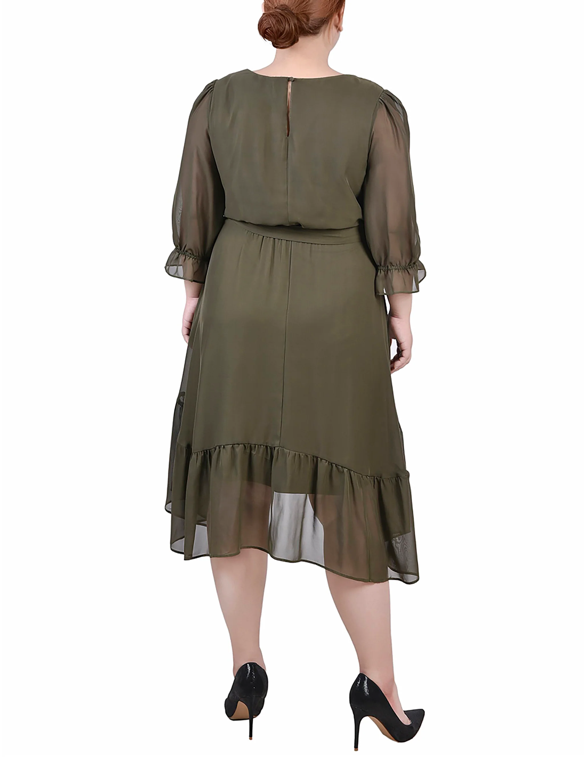Olive 3/4 Sleeve V-Neck Flounced Dress - Plus - Image 3