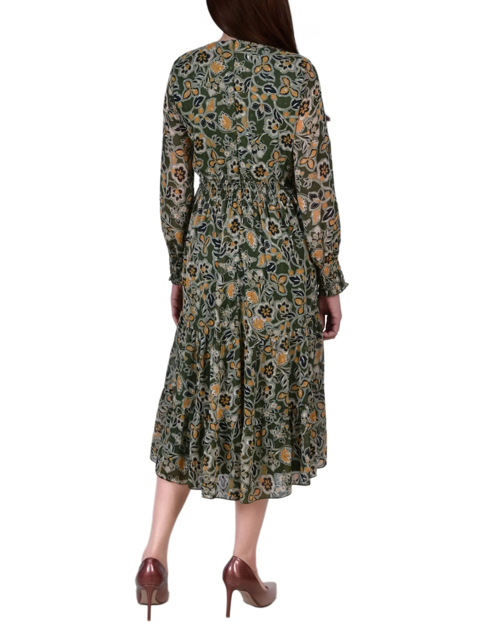 Olive Floral Long Sleeve Clip Dot Chiffon Dress With Smocked Waist and Cuffs - Petite - Image 3