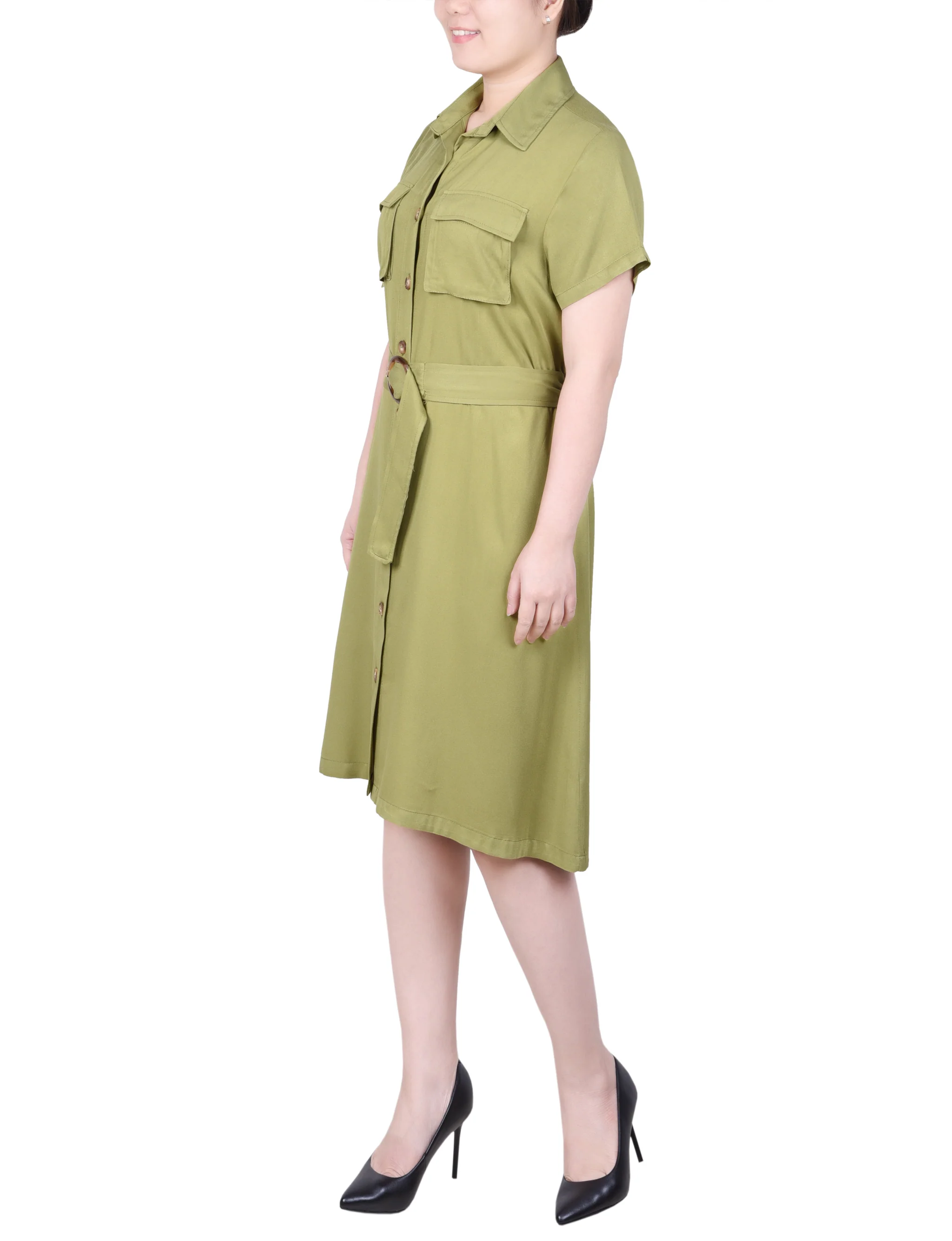Olive Green Short Sleeve Safari Style Dress - Image 2