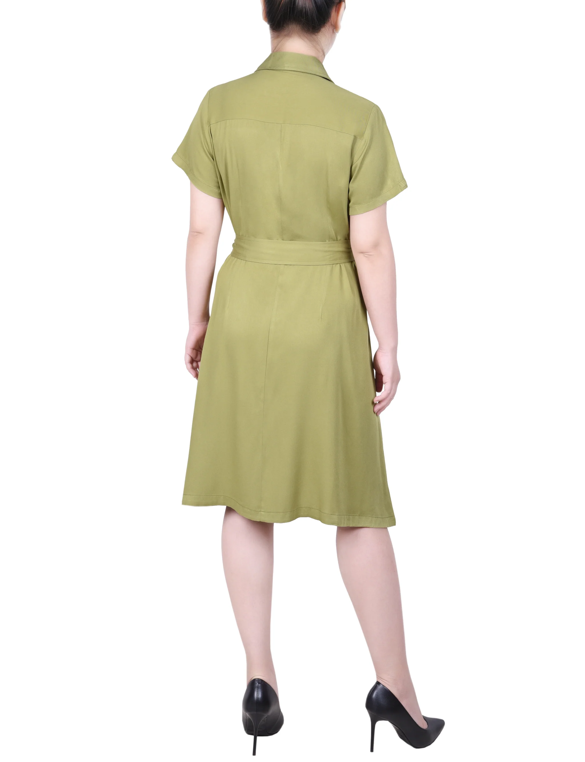 Olive Green Short Sleeve Safari Style Dress - Image 3