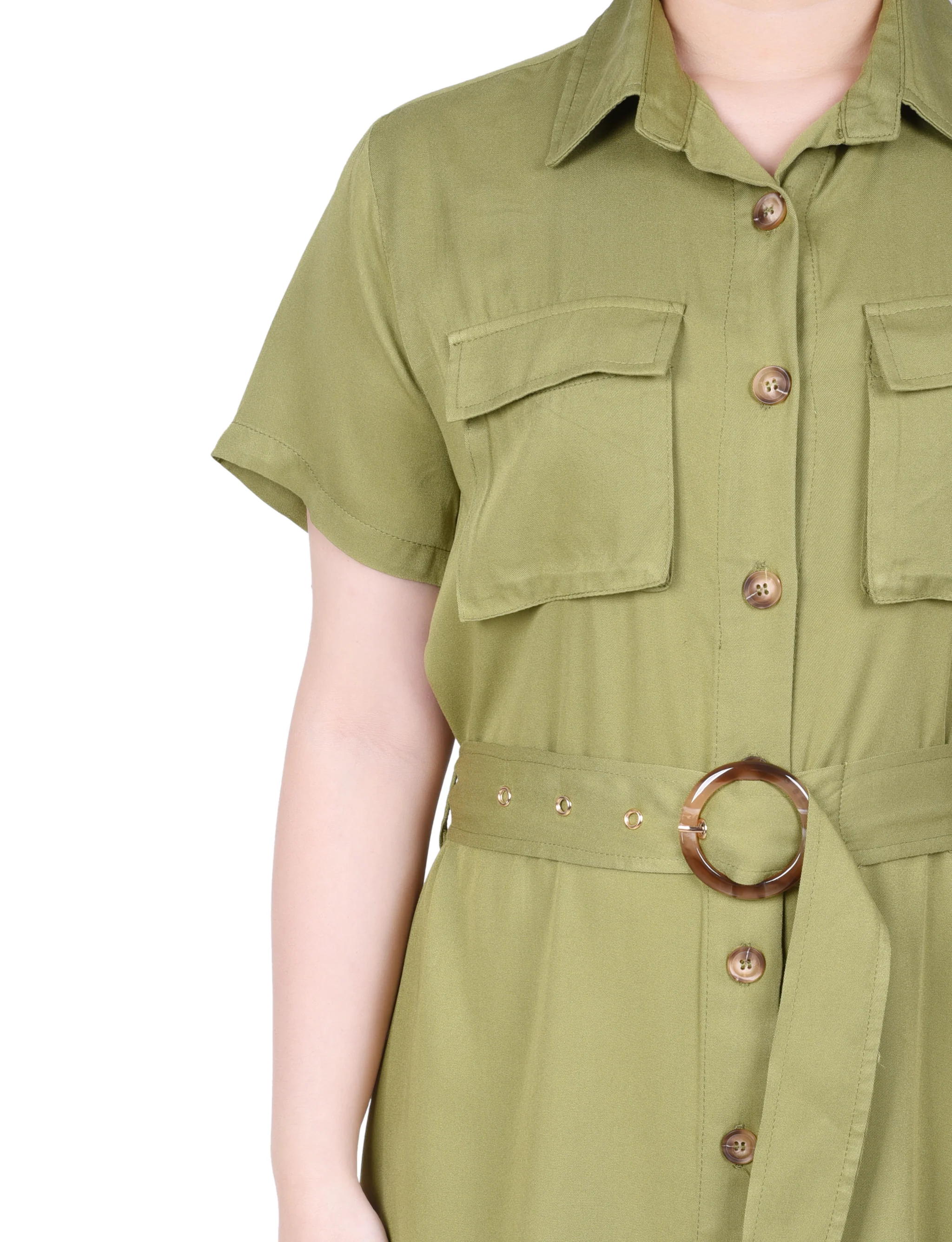 Olive Green Short Sleeve Safari Style Dress - Image 4