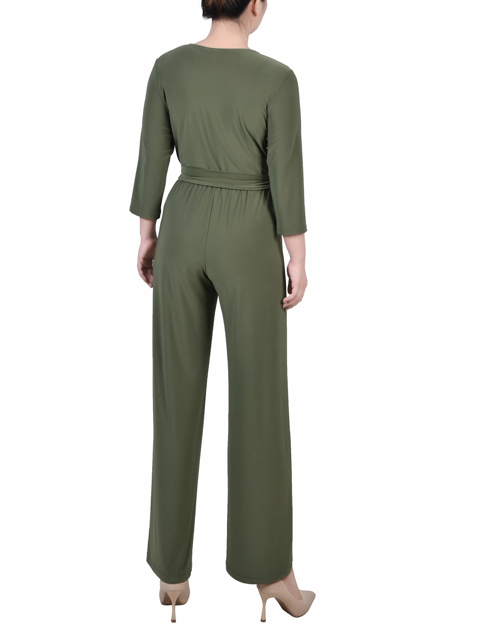 Olive Short 3/4 Sleeve Belted Jumpsuit - Petite - Image 4