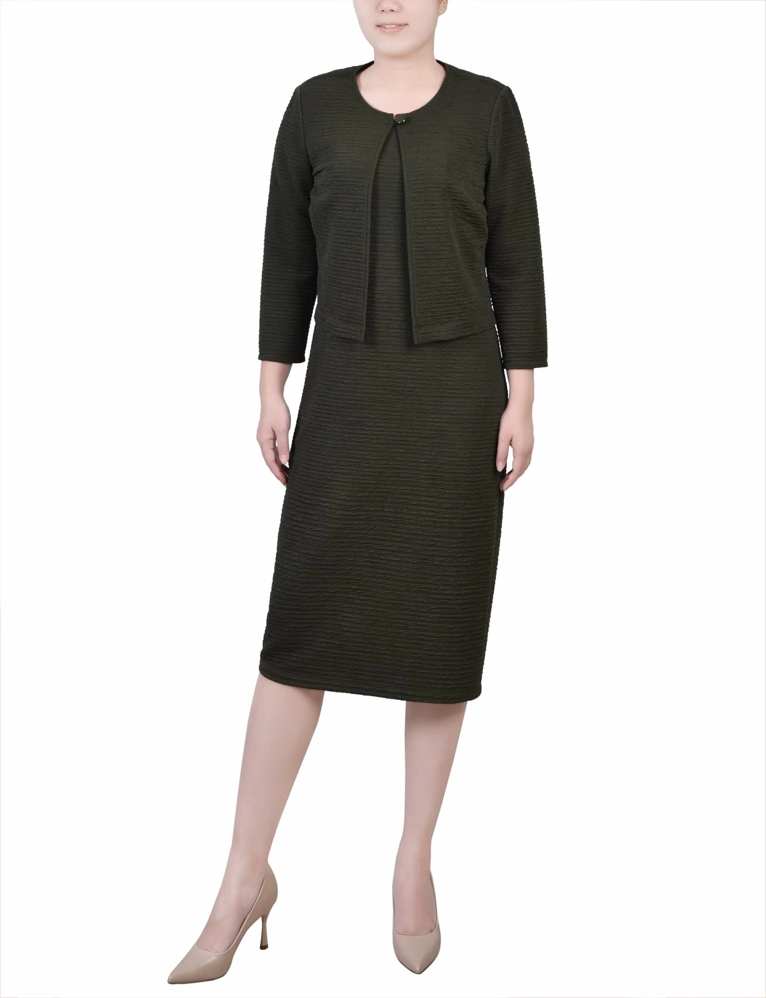 Olive Textured 3/4 Sleeve 2 Piece Dress Set