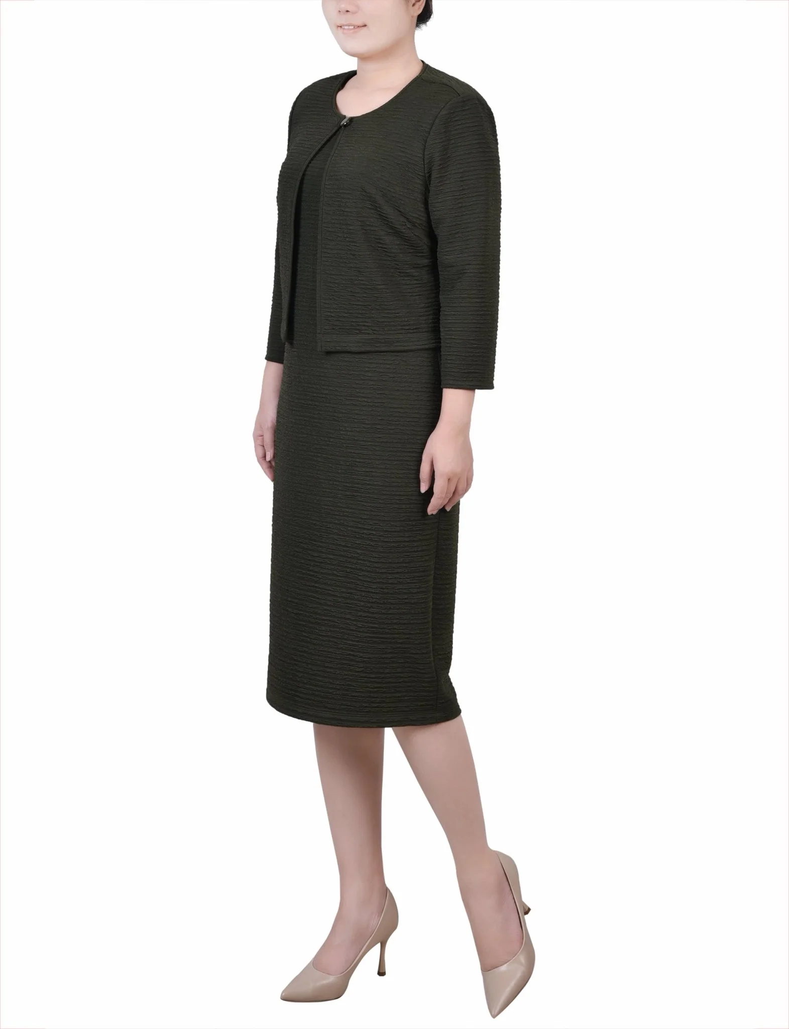 Olive Textured 3/4 Sleeve 2 Piece Dress Set - Image 2
