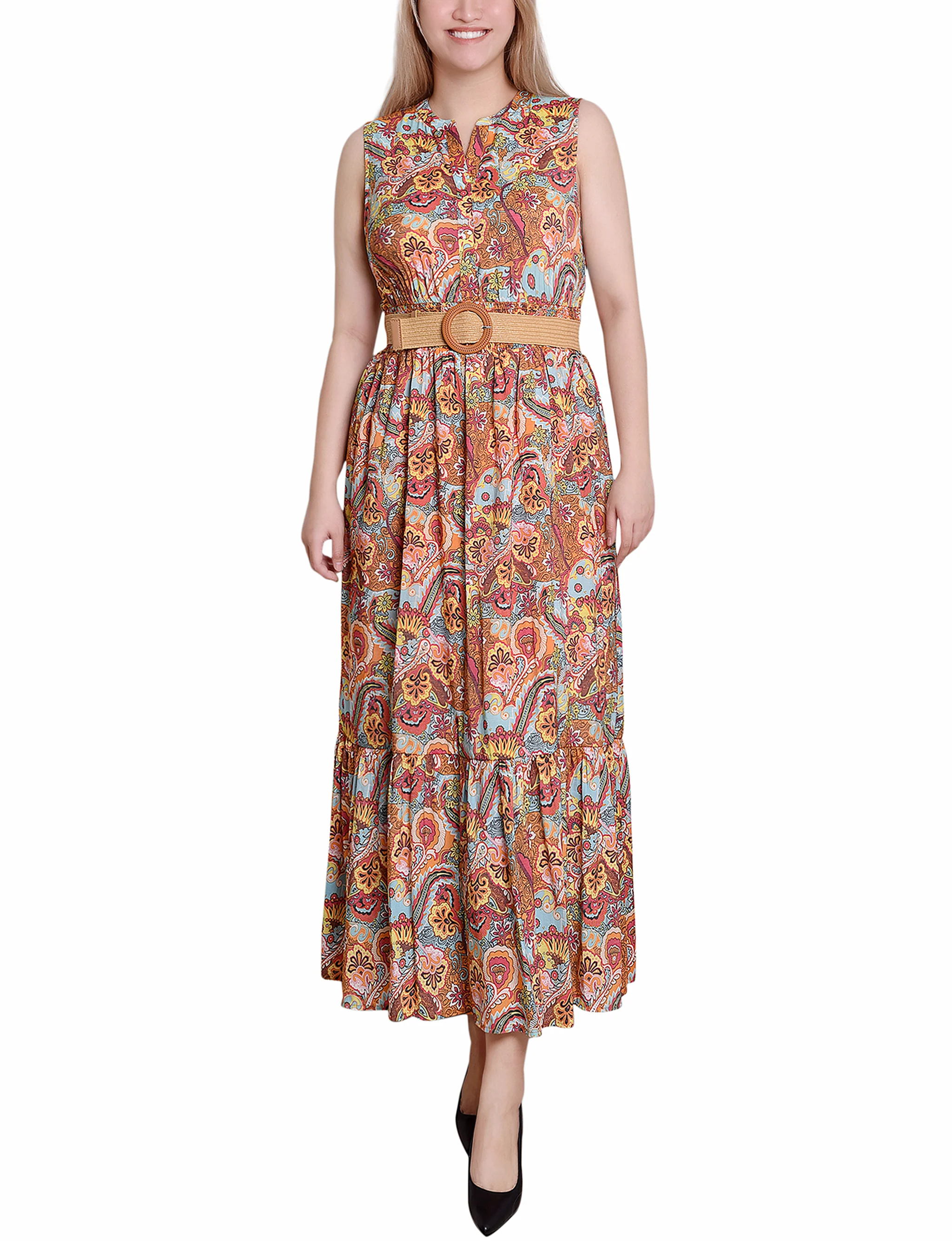 Orange Mint Vines Sleeveless Belted Midi Dress