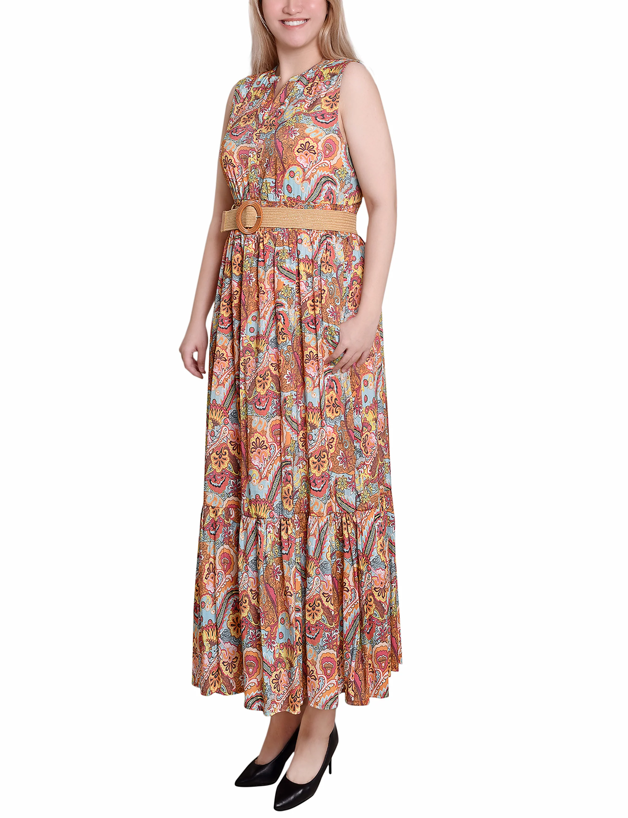 Orange Mint Vines Sleeveless Belted Midi Dress - Image 2