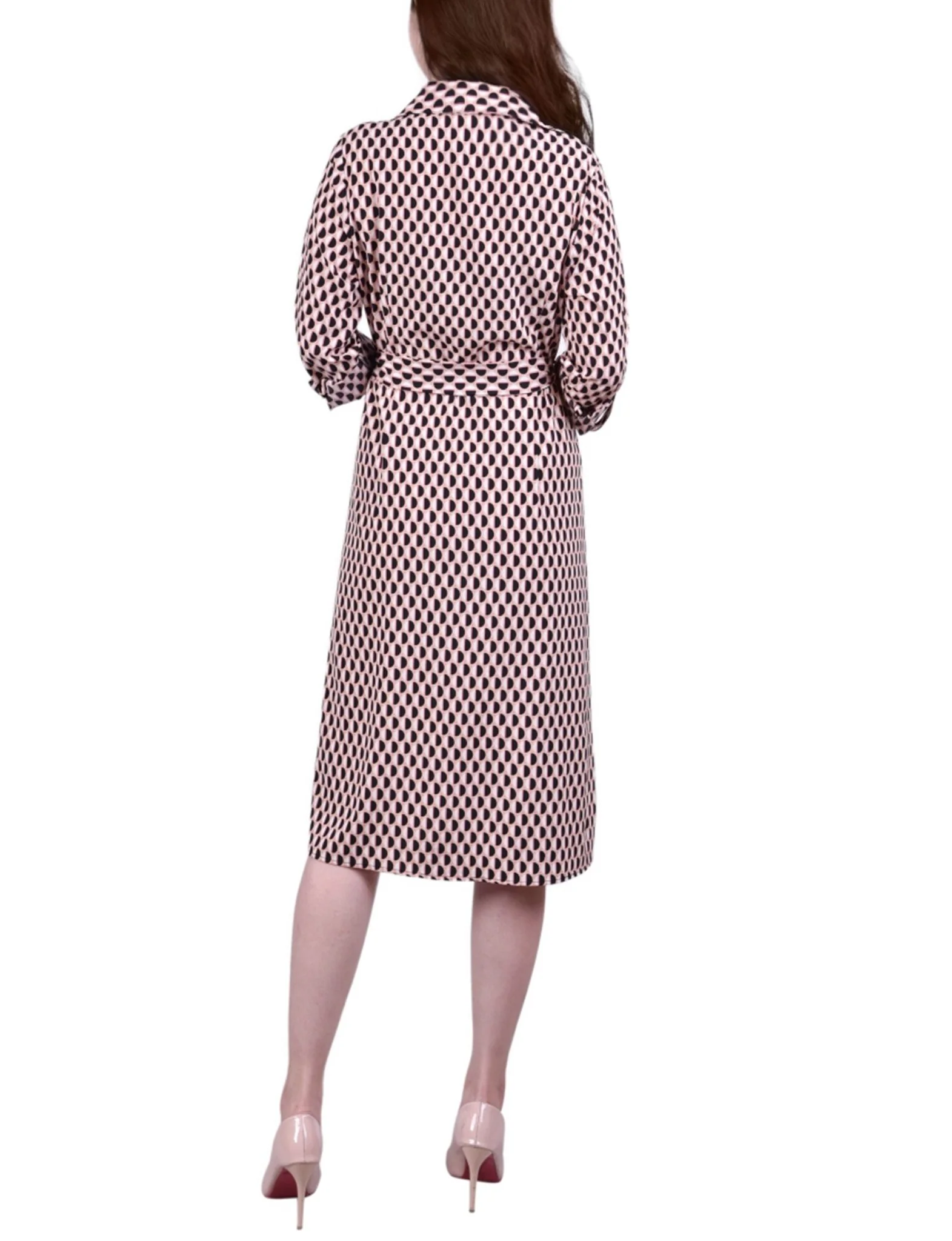 Peach Amber Geo 3/4 Roll Tab Sleeve Belted Shirtdress - Petite - Image 3
