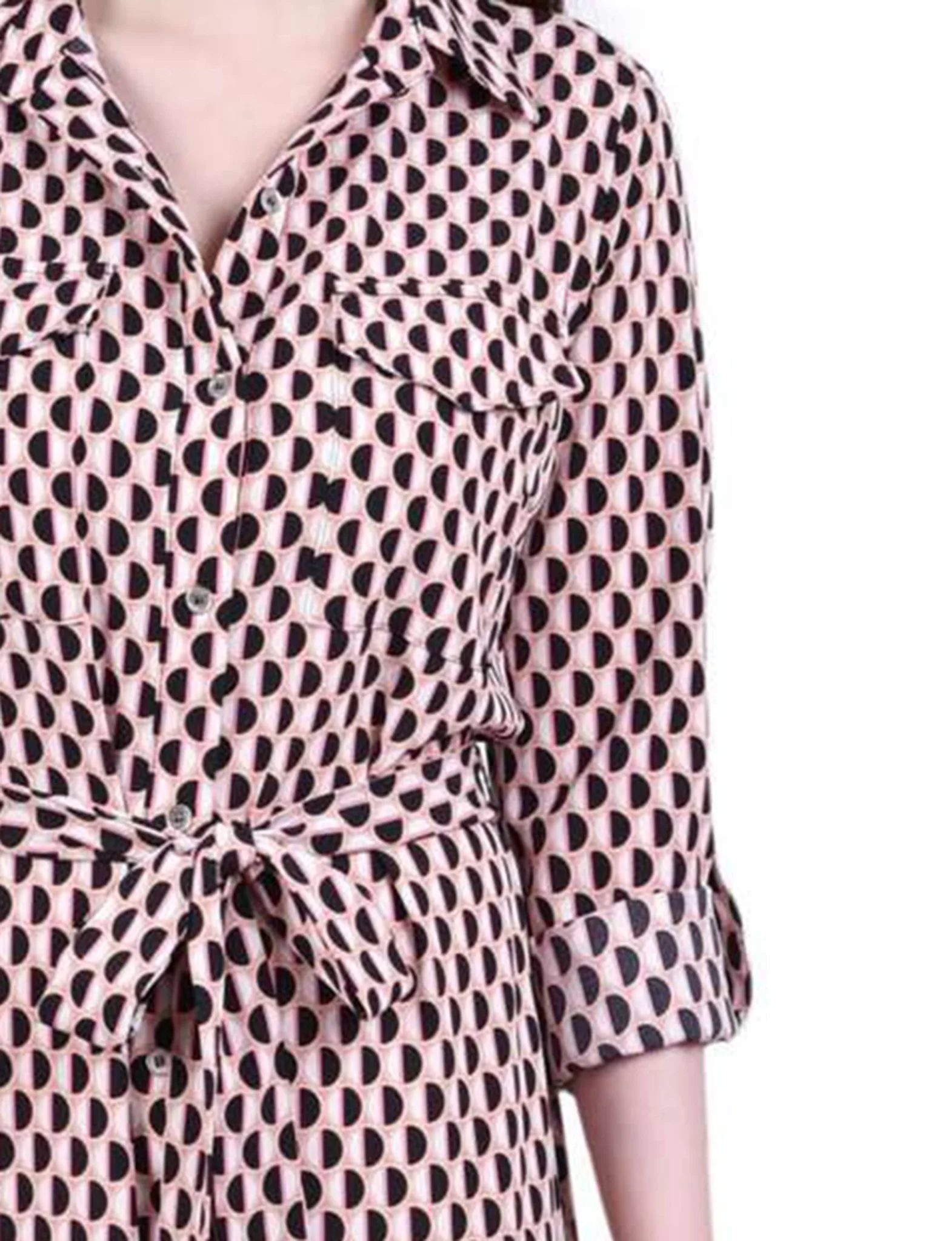Peach Amber Geo 3/4 Roll Tab Sleeve Belted Shirtdress - Petite - Image 4