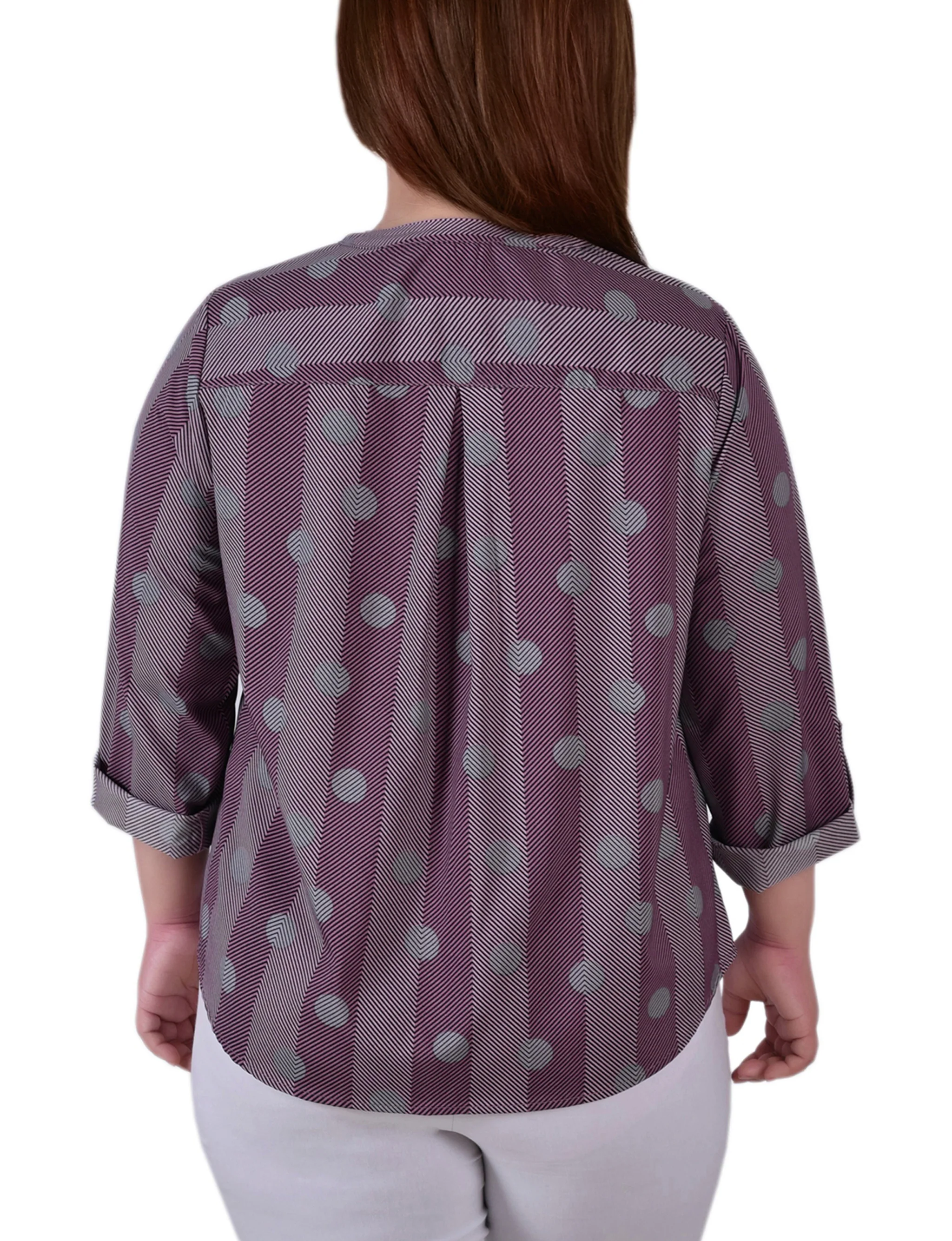 Pink 3/4 Roll Tab Sleeve Mandarin Collar Blouse - Plus Size - Image 4