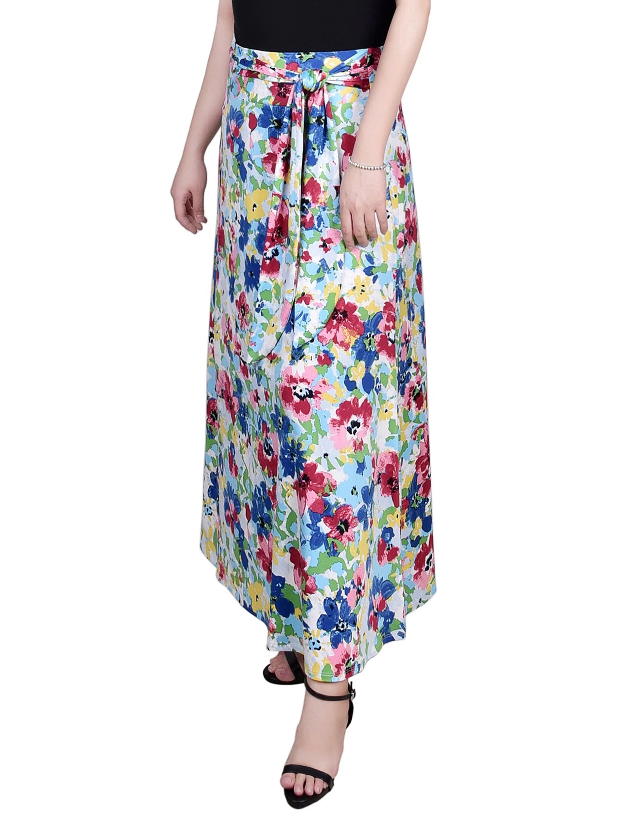 Pink Blue Flowers Maxi Skirt With Sash Waist Tie - Image 3