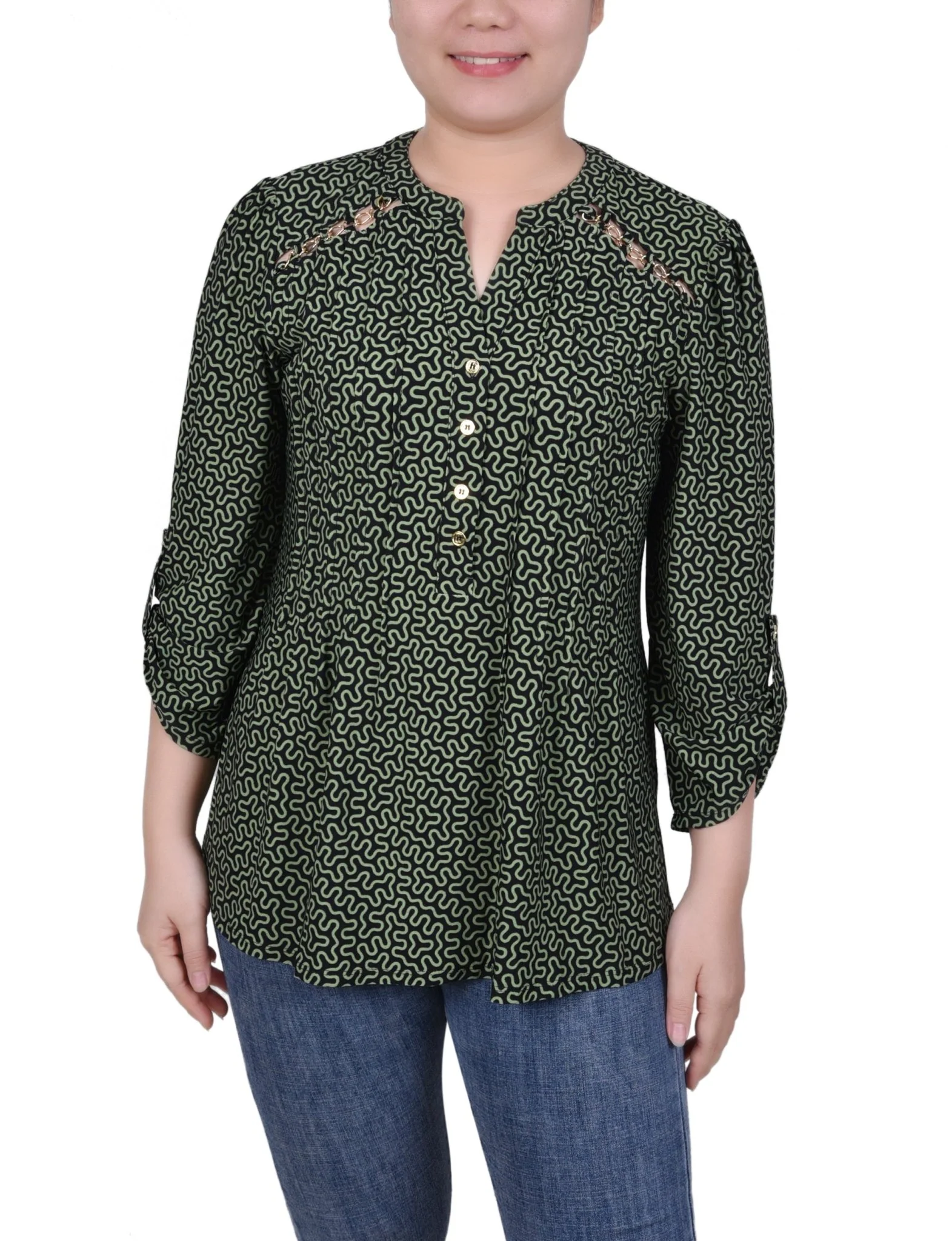 Pintuck Front Top With Chain Details - Petite - Image 23