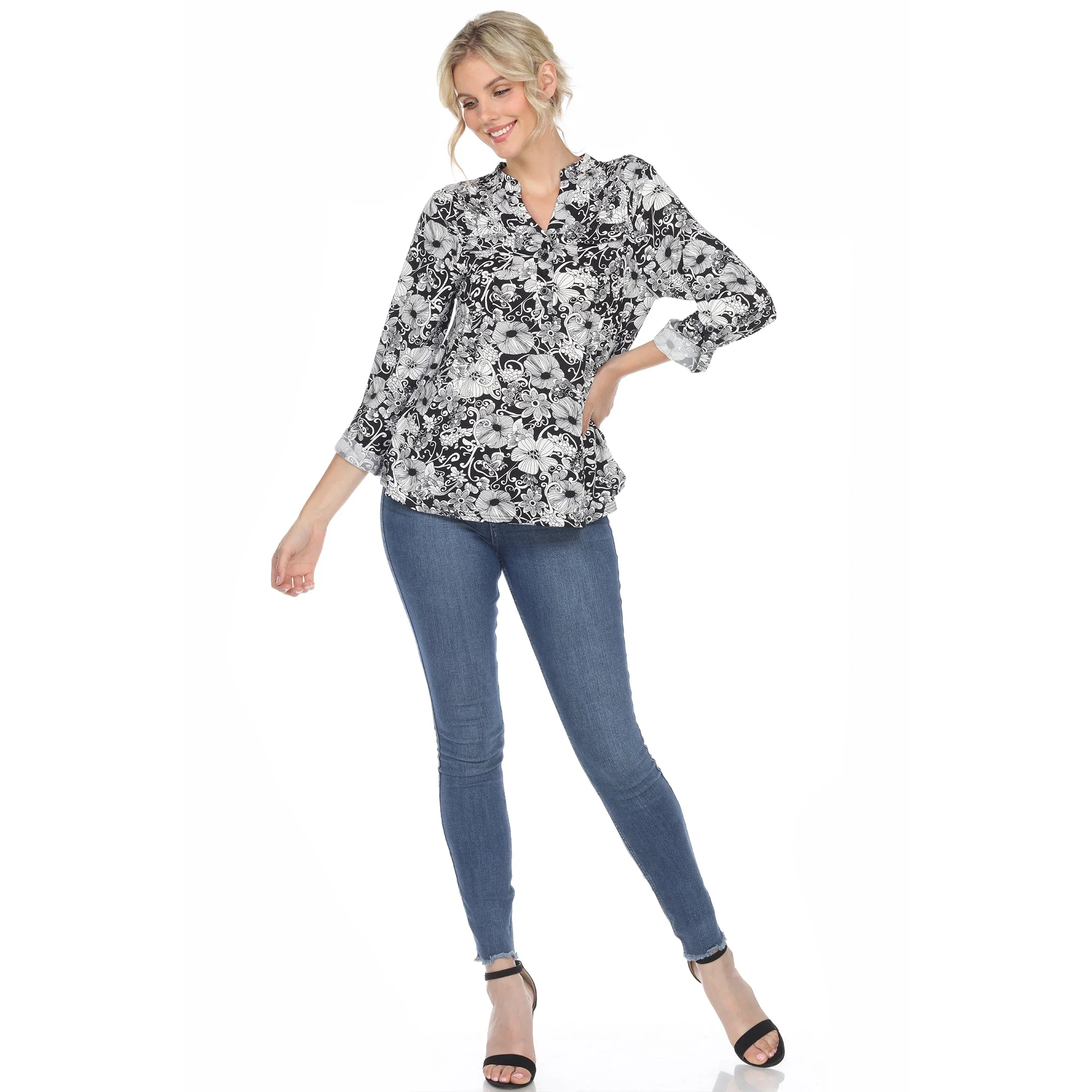 Pleated Long Sleeve Floral Print Blouse - Image 10