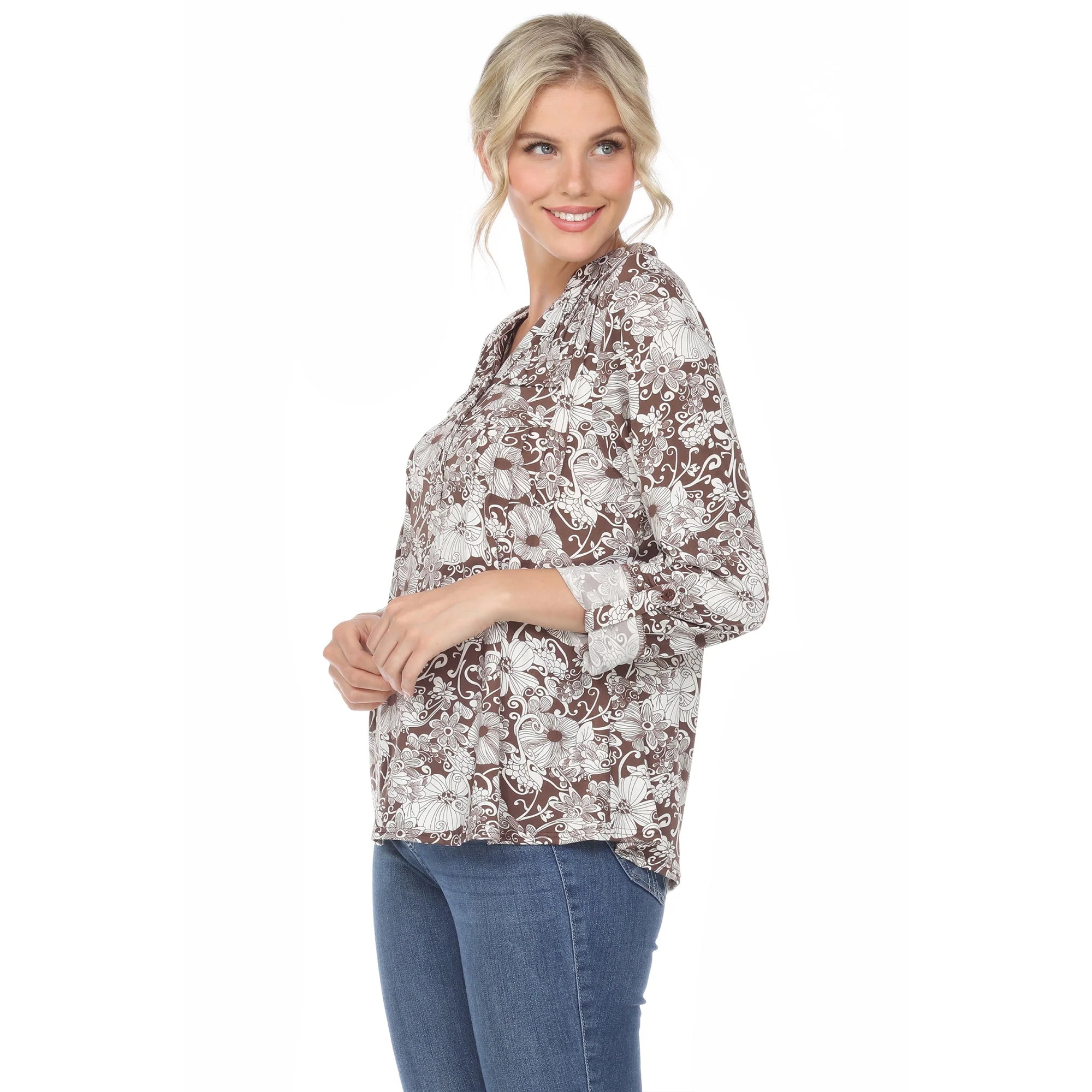 Pleated Long Sleeve Floral Print Blouse - Image 11