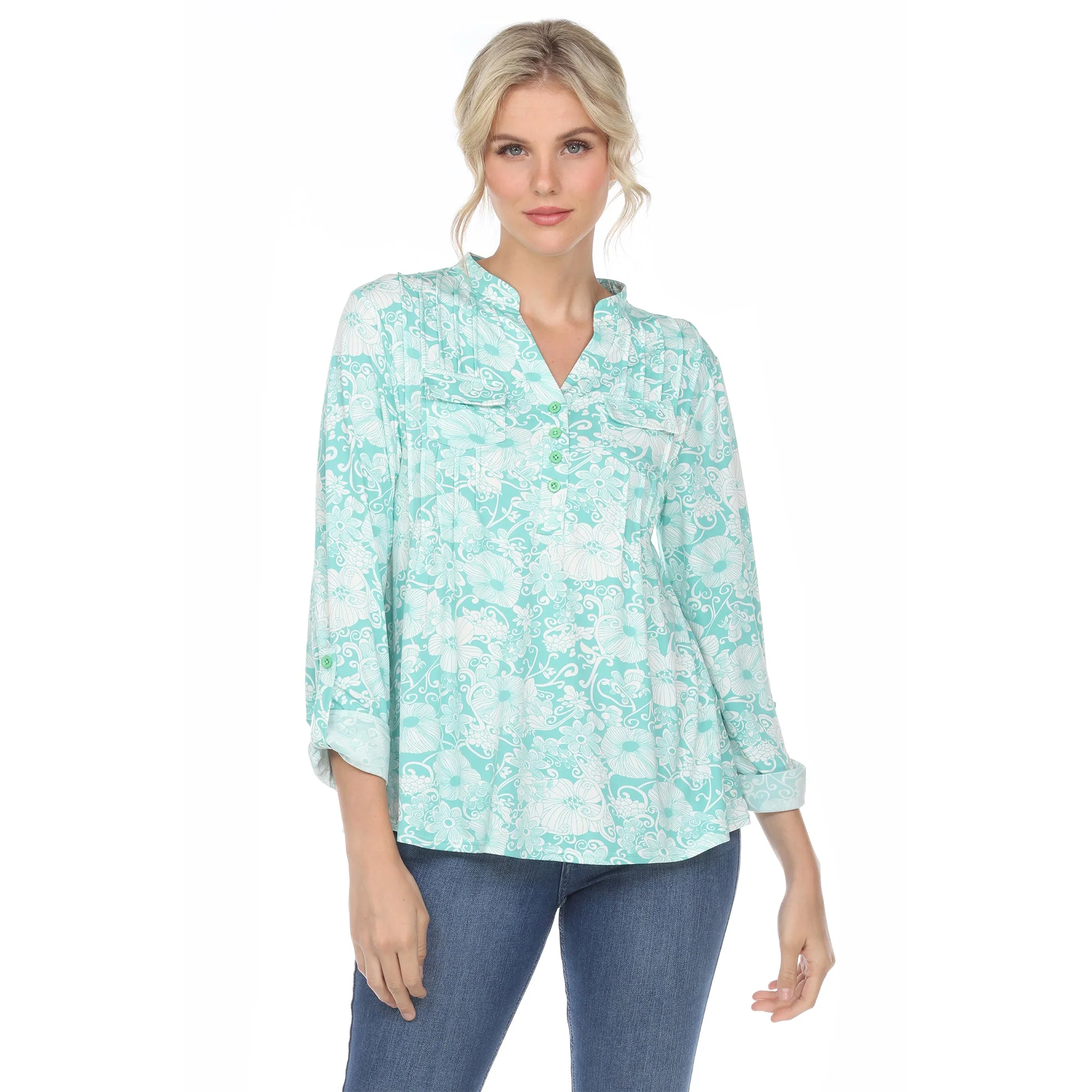 Pleated Long Sleeve Floral Print Blouse - Image 20