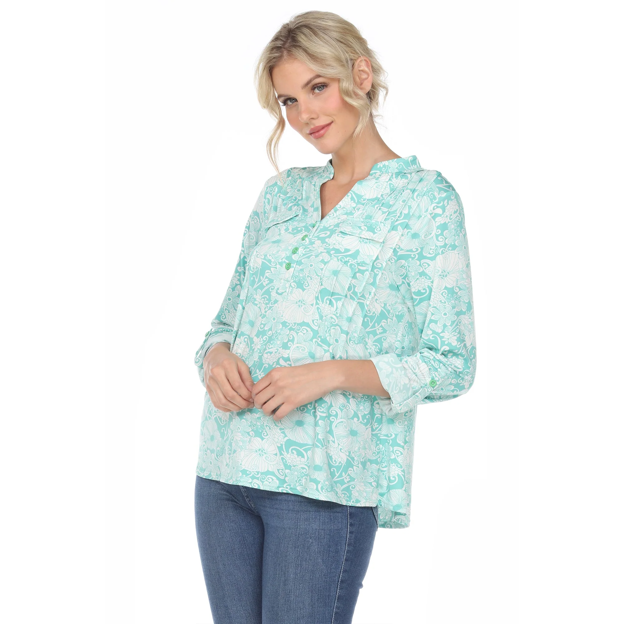 Pleated Long Sleeve Floral Print Blouse - Image 21