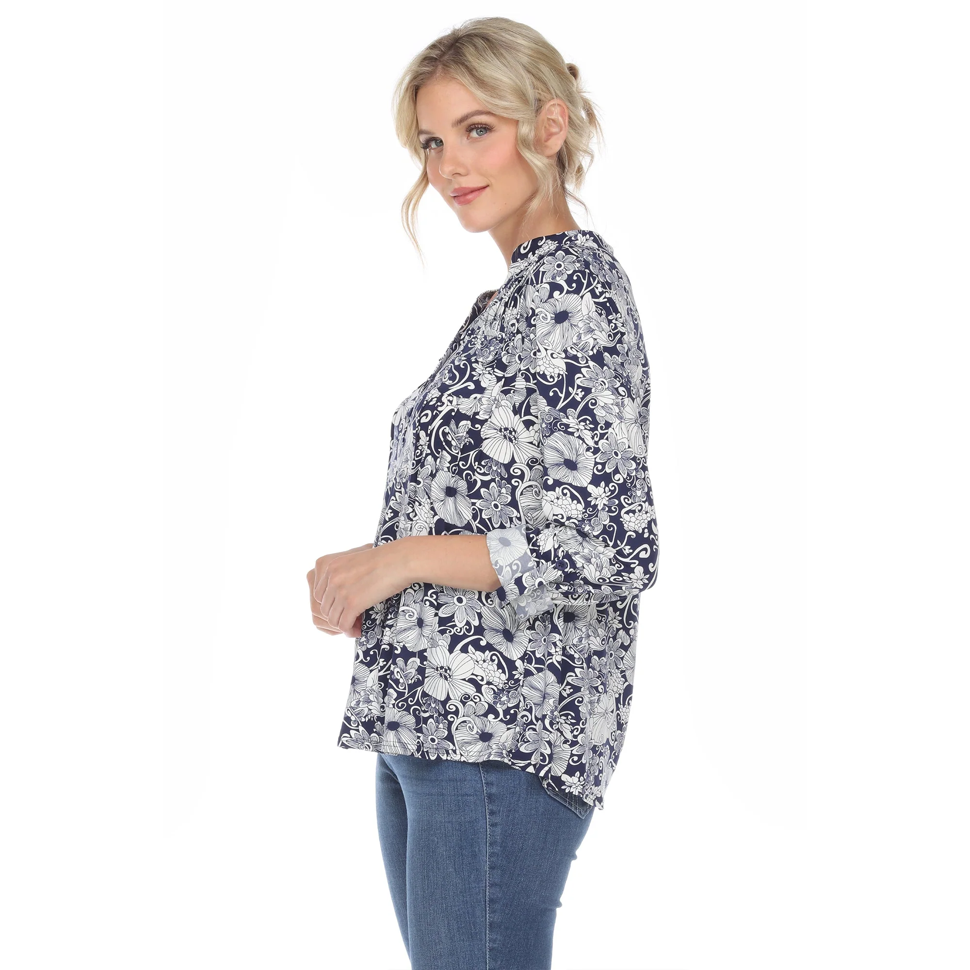 Pleated Long Sleeve Floral Print Blouse - Image 3