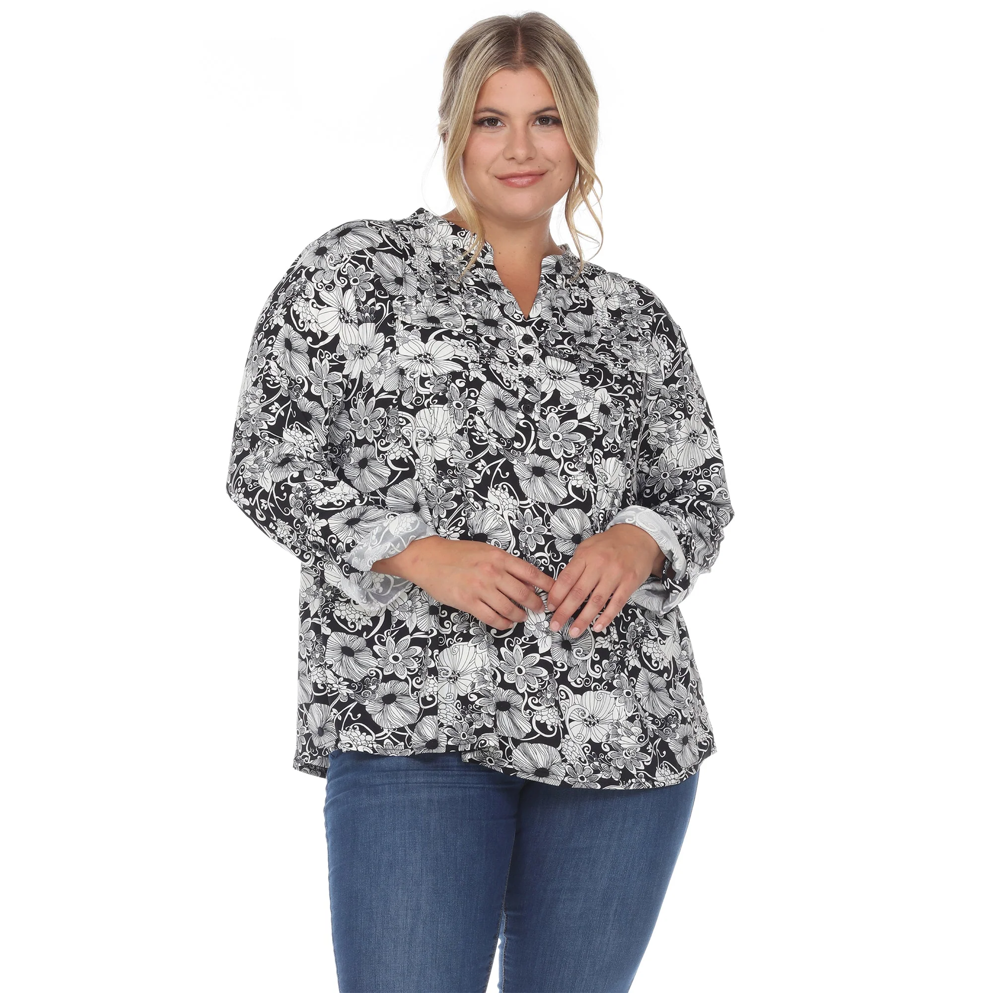 Pleated Long Sleeve Floral Print Blouse - Plus - Image 10