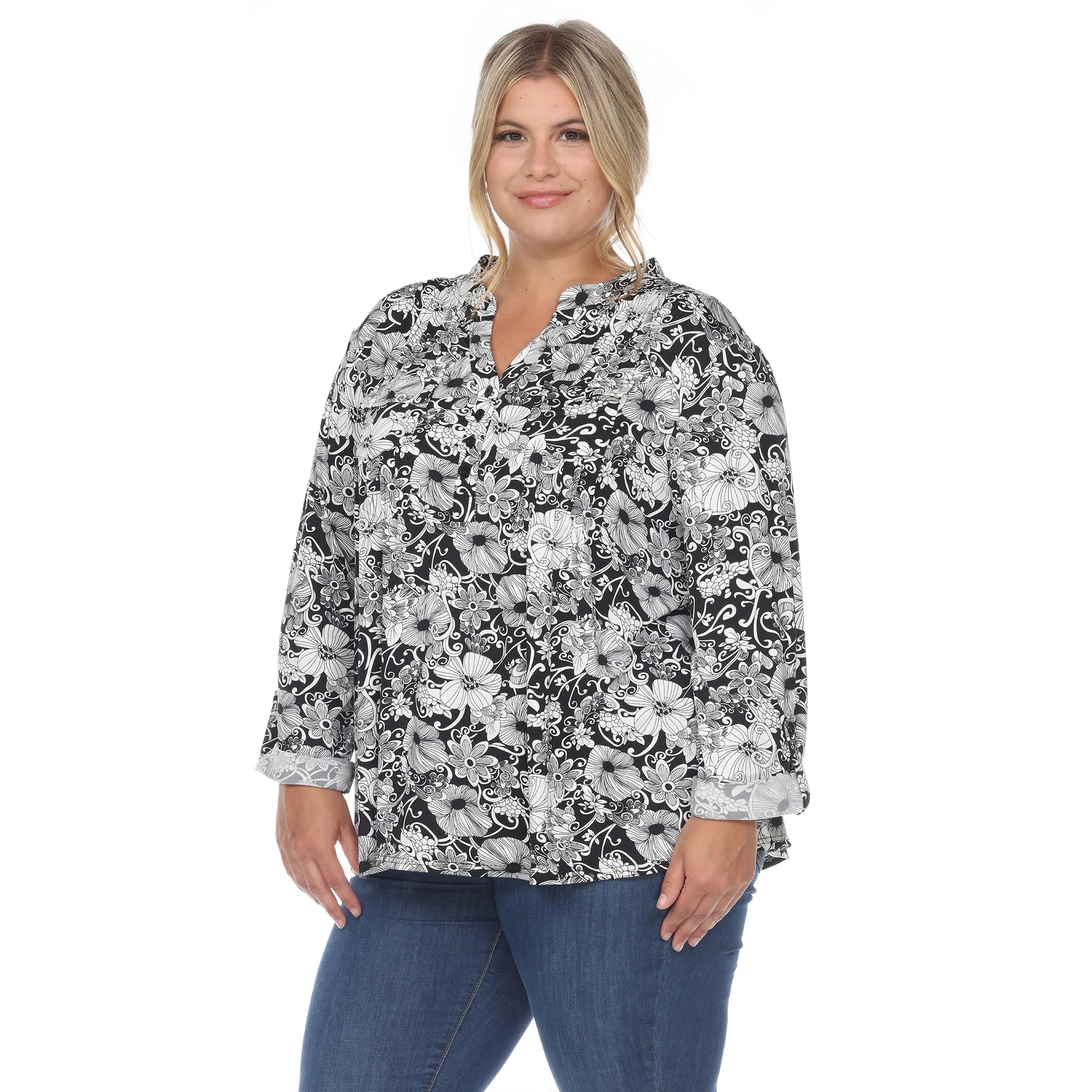 Pleated Long Sleeve Floral Print Blouse - Plus - Image 11