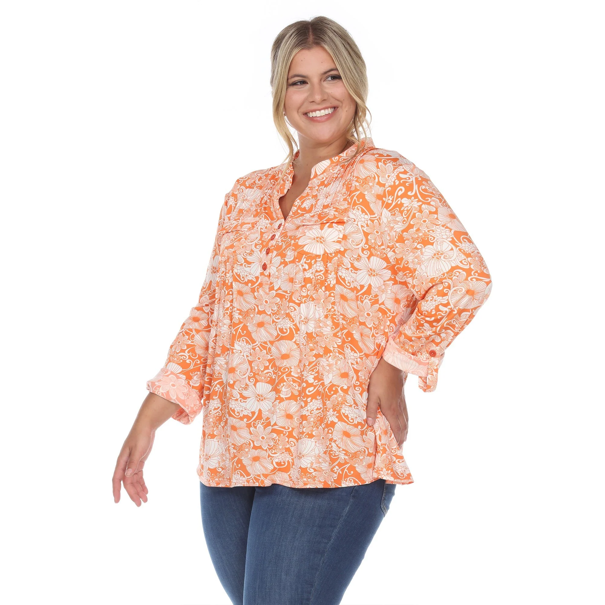 Pleated Long Sleeve Floral Print Blouse - Plus - Image 17