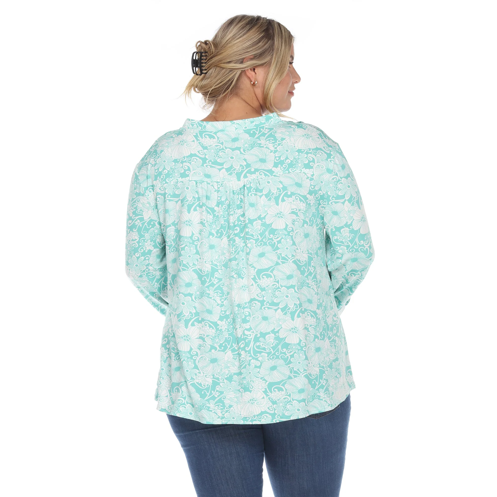 Pleated Long Sleeve Floral Print Blouse - Plus - Image 23