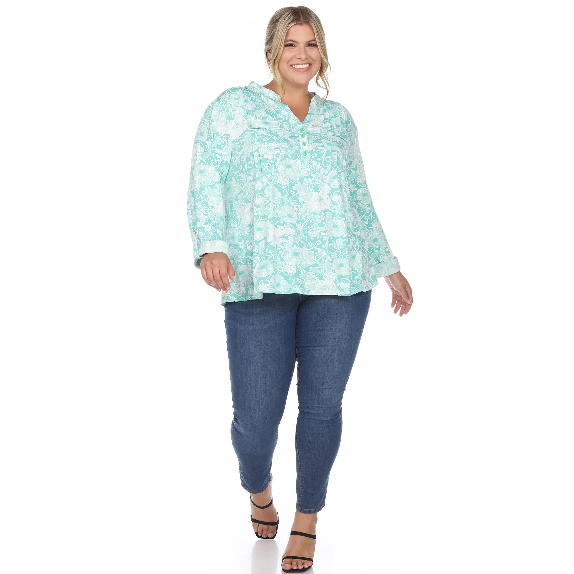 Pleated Long Sleeve Floral Print Blouse - Plus - Image 24