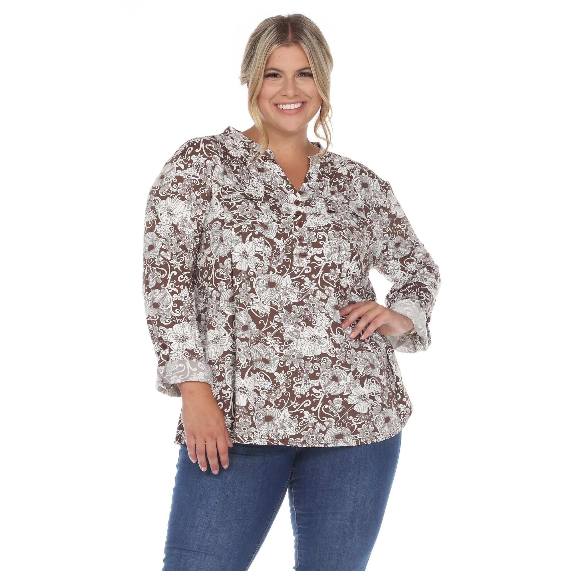 Pleated Long Sleeve Floral Print Blouse - Plus - Image 6